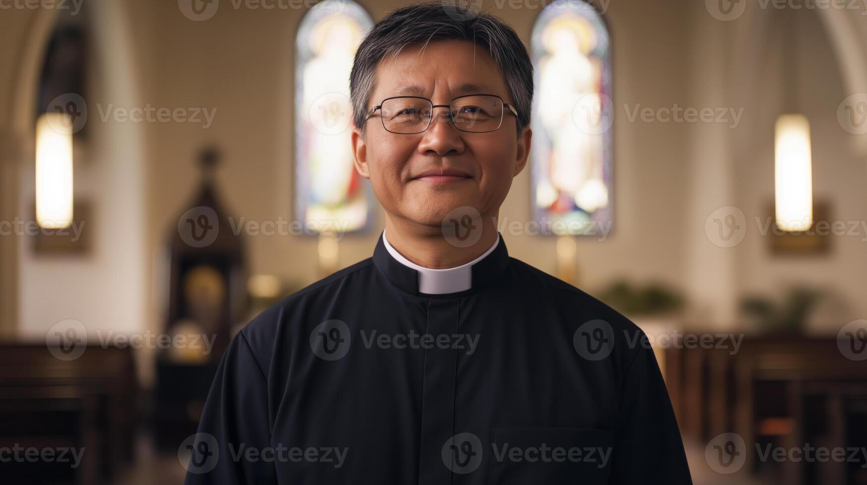 Middle Aged Asian Protestant Clergyman Standing Inside Church, Smiling with Stained Glass Windows in Background for Religious Publication Design photo