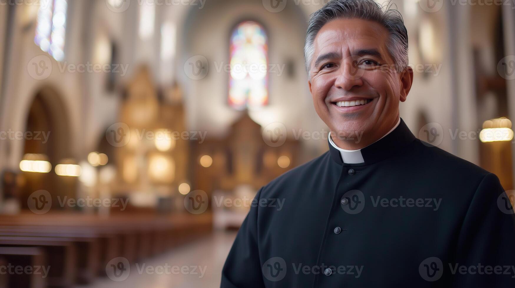 Hispanic Catholic Priest Smiling Warmly Inside a Church, Suitable for Religious Themes, Faith, and Community Concepts photo