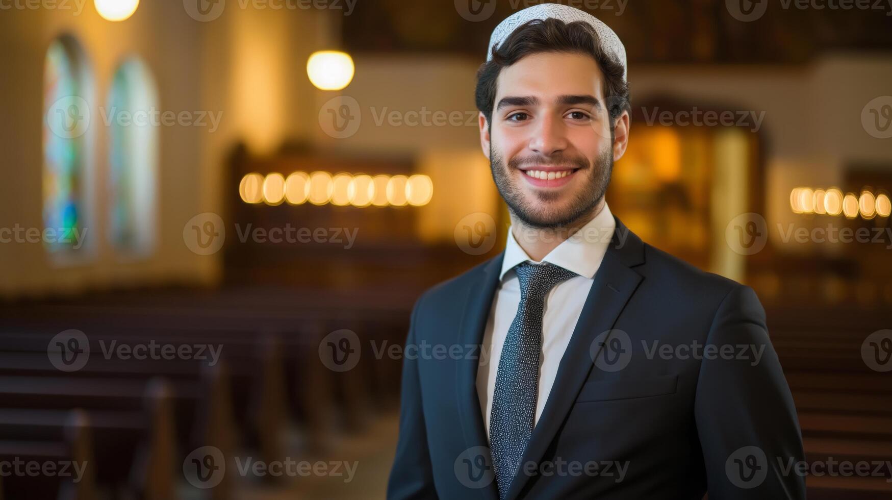 Confident Young Jewish Clergyman in Traditional Attire Smiling in Synagogue for Religious Events and Celebrations photo