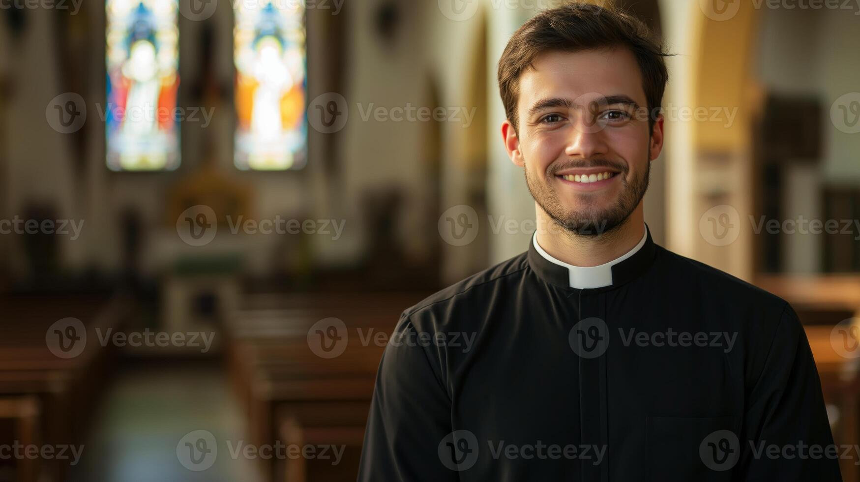 Young Protestant Minister Smiling in Church for Sunday Service, Religious Leadership Portrait photo
