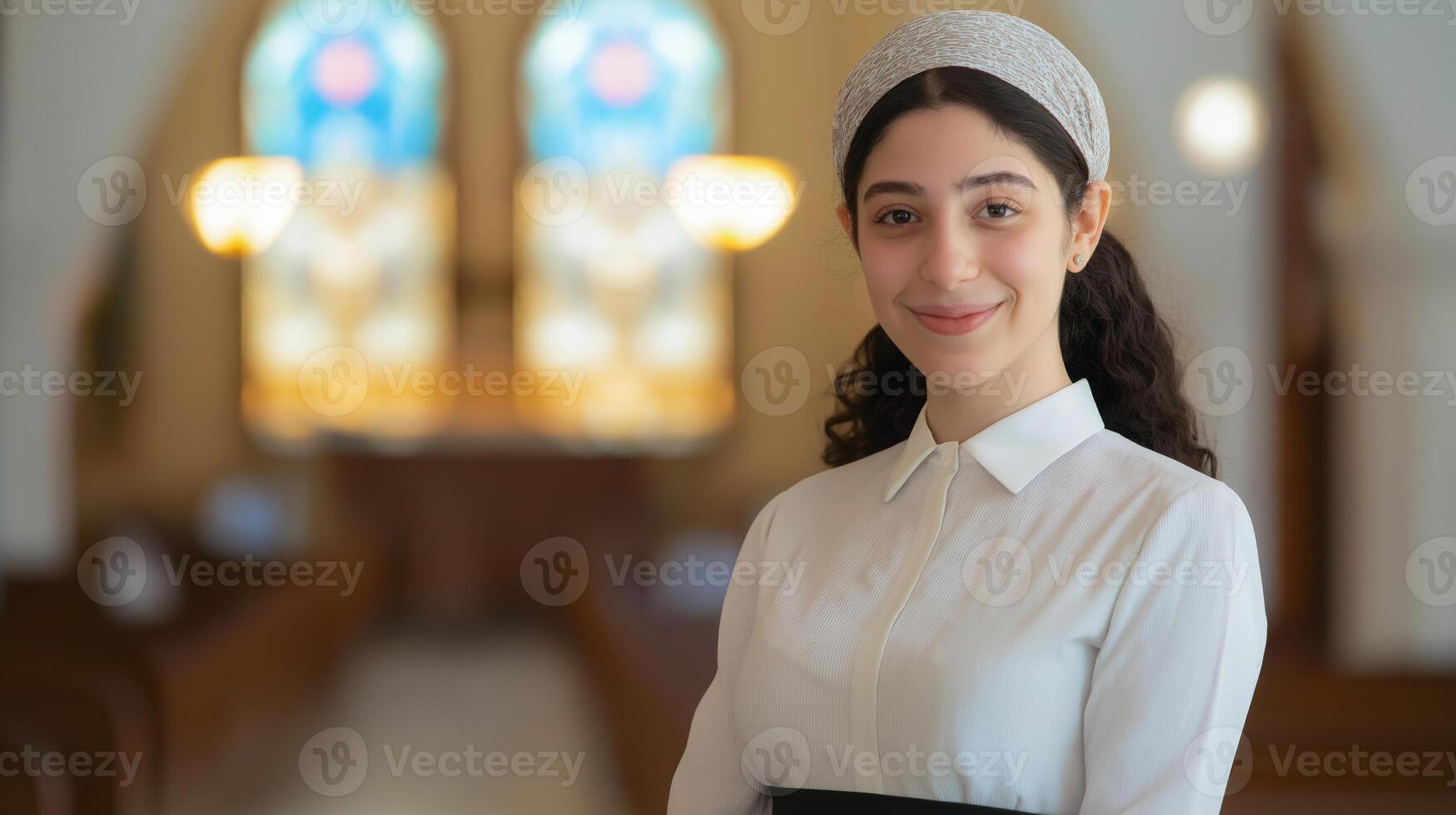 Diverse Young Jewish Female Clergy Smiling in Synagogue with Stained Glass Background for Religious Events photo