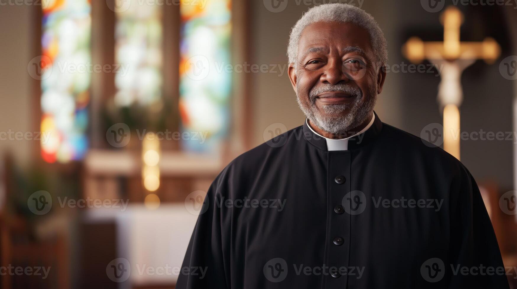 Elderly African American Pastor in Church, Suitable for Religious, Spiritual, and Communityfocused Design for Print, Card, Poster photo