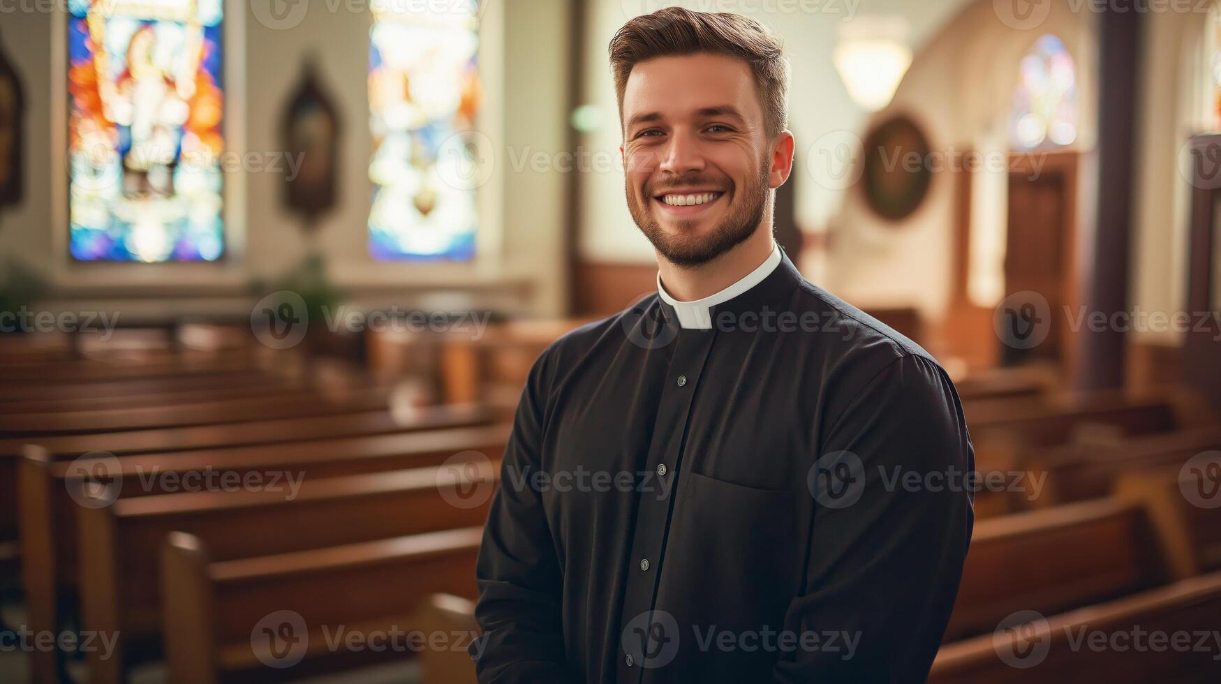 Confident Young Protestant Minister Standing in Church With Stained Glass Windows Religious Leadership and Faith Community Concept photo