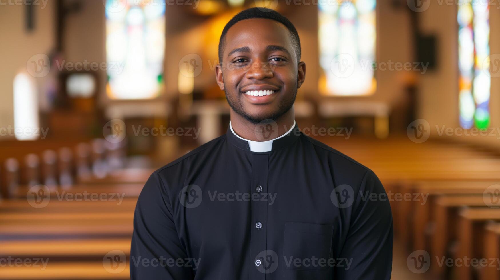 Young Afro American Priest Standing Confidently in a Church with Colorful Stained Glass Windows photo