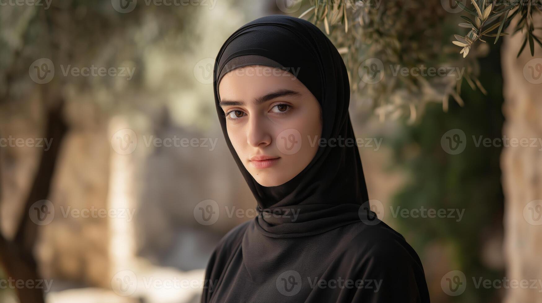 Young Greek Orthodox Nun in Monastic Courtyard, Serene and Contemplative Expression, Ancient Monastery Setting, Religious Devotion, Peaceful Atmosphere photo