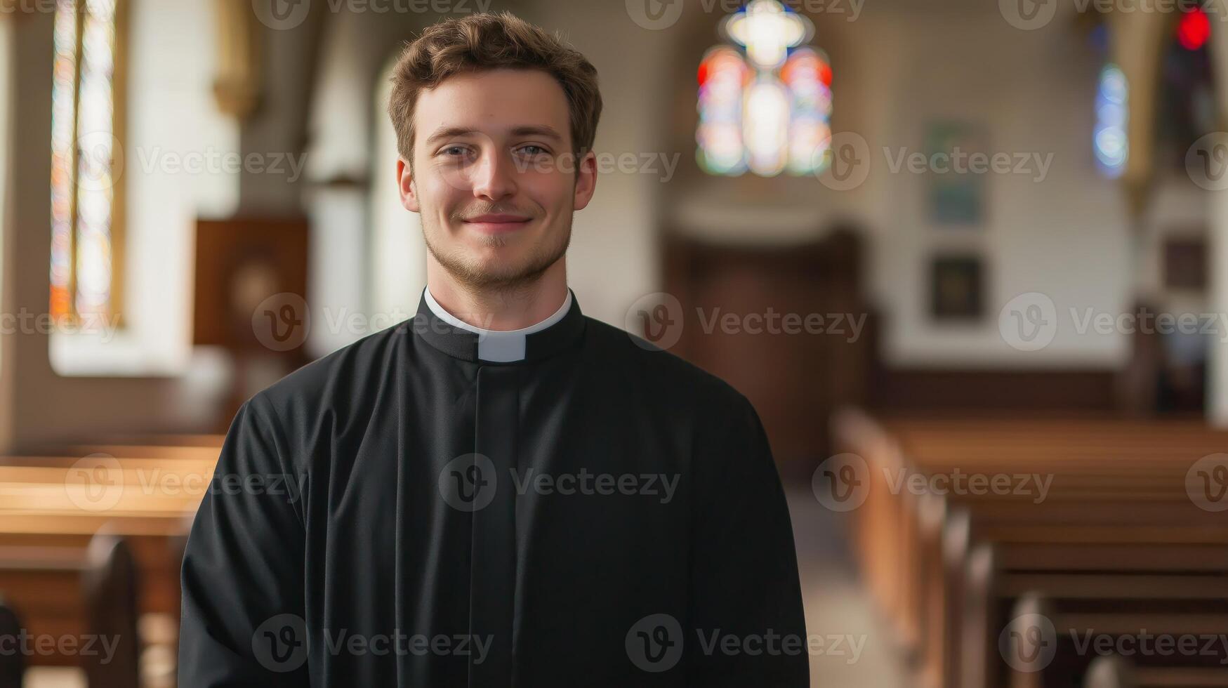 Young Anglican Clergyman in a Church Setting, Ideal for Faith and Religious Stock Photography photo