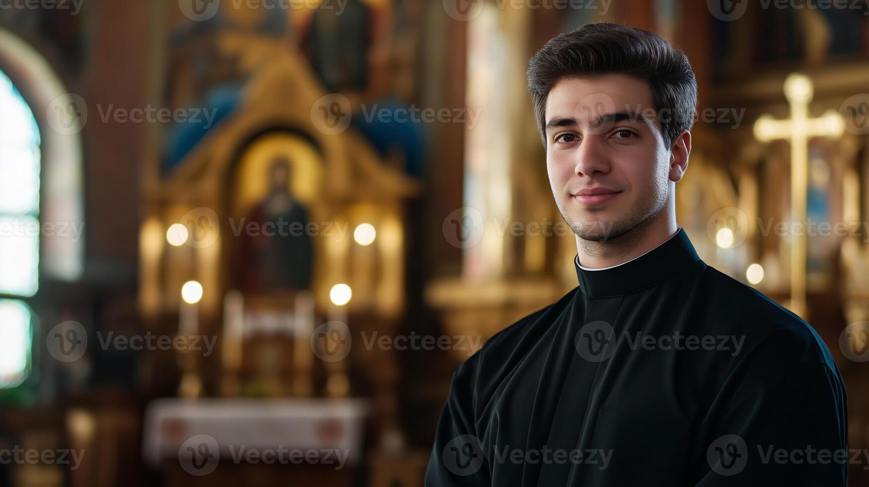 Confident Young Male Greek Orthodox Priest in Traditional Black Robe Inside Ornate Church, Religious Devotion and Faith Portrayal photo