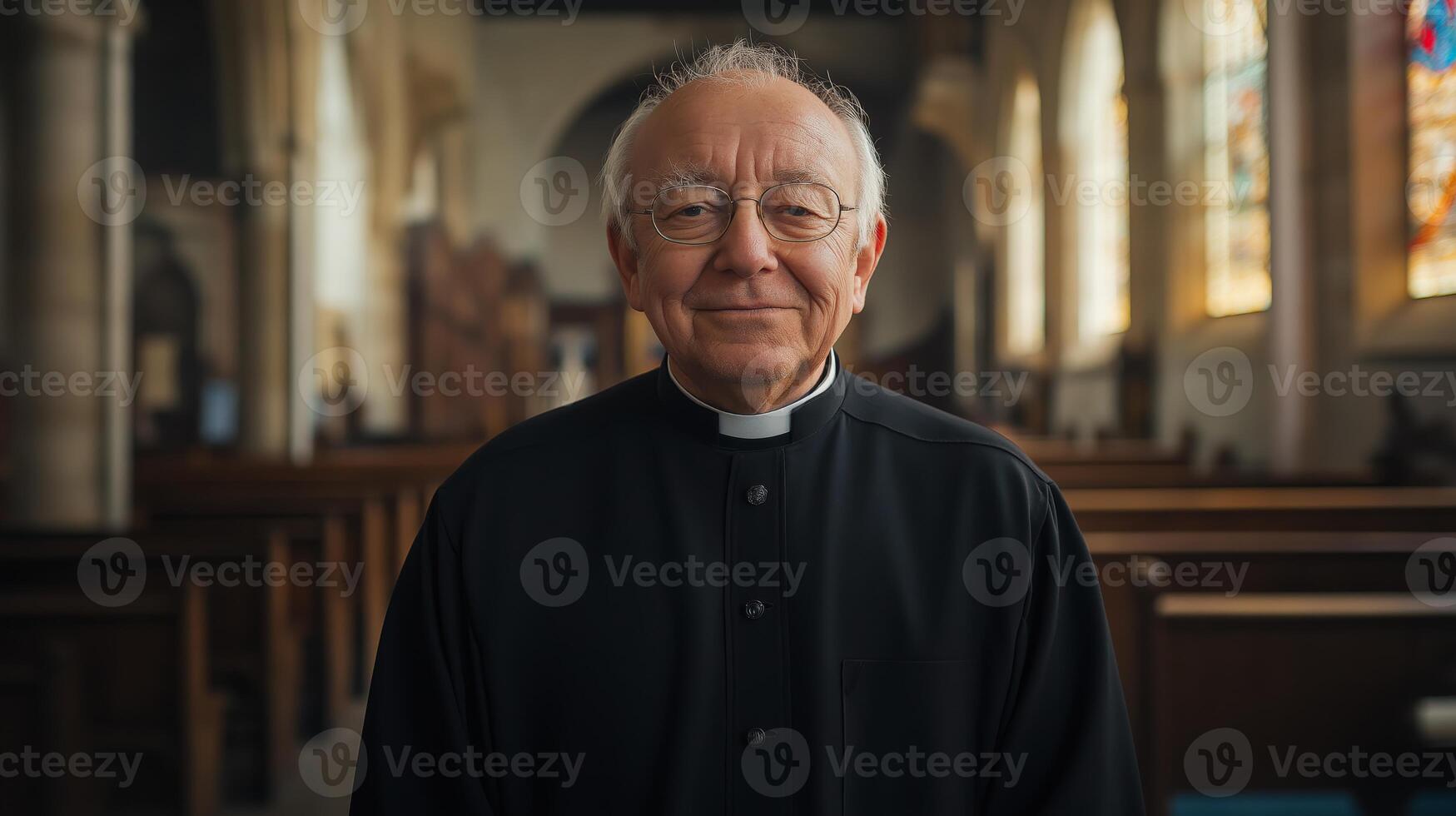 Elderly Anglican Clergyman in Traditional Vestments Standing Inside a Church photo