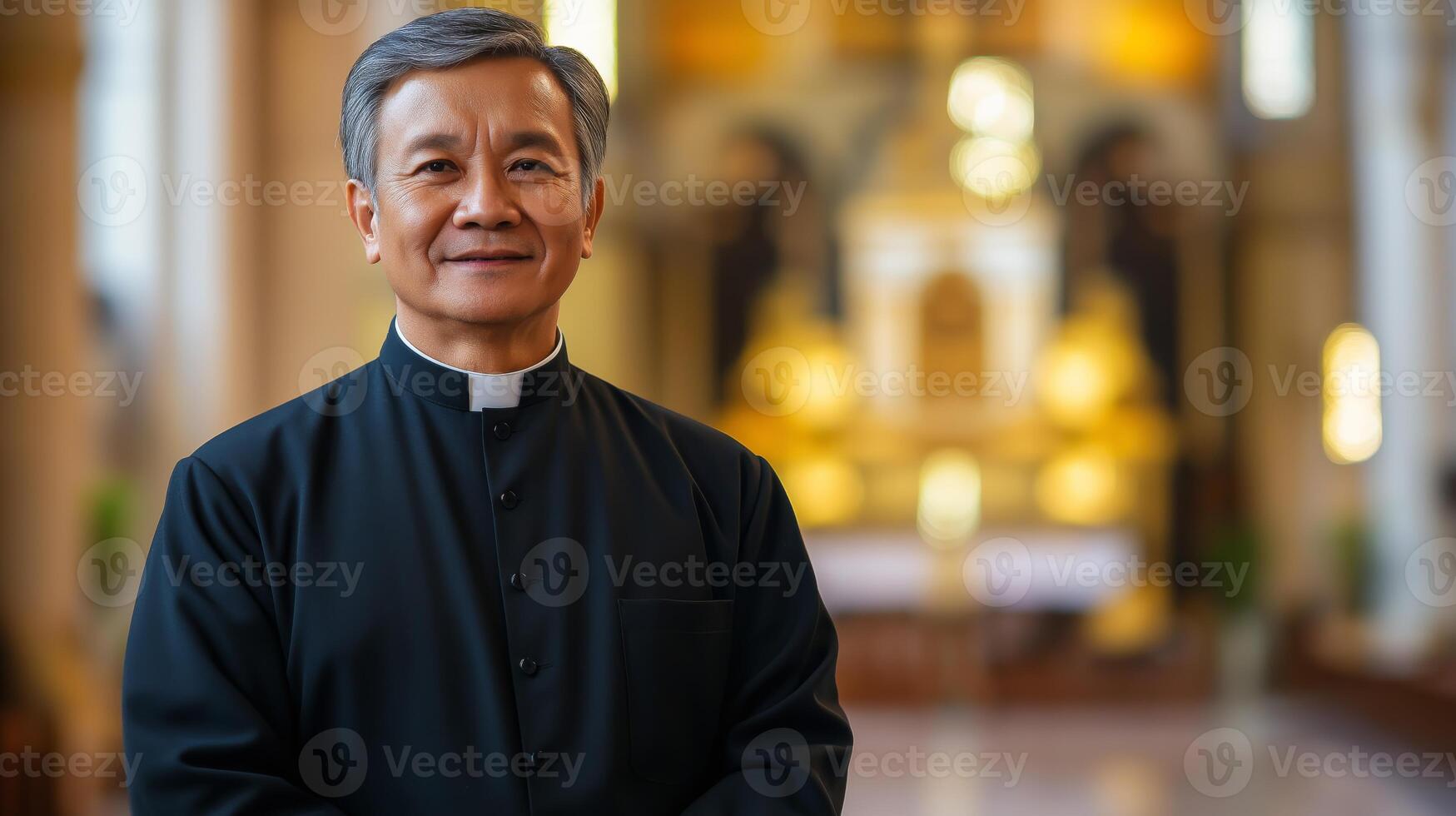 Filipino Catholic Priest Standing Confidently in Church, Emphasizing Faith, Spirituality, and Clerical Role photo