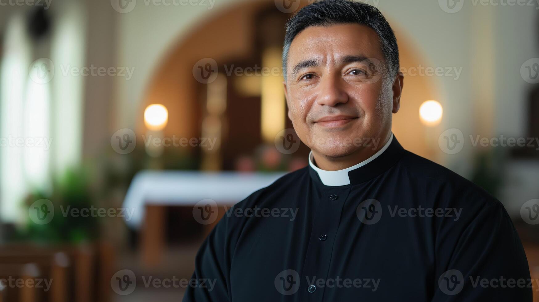 Warm Smiling MiddleAged Hispanic Protestant Minister in Church Setting Ideal for Religious and Community Themes photo
