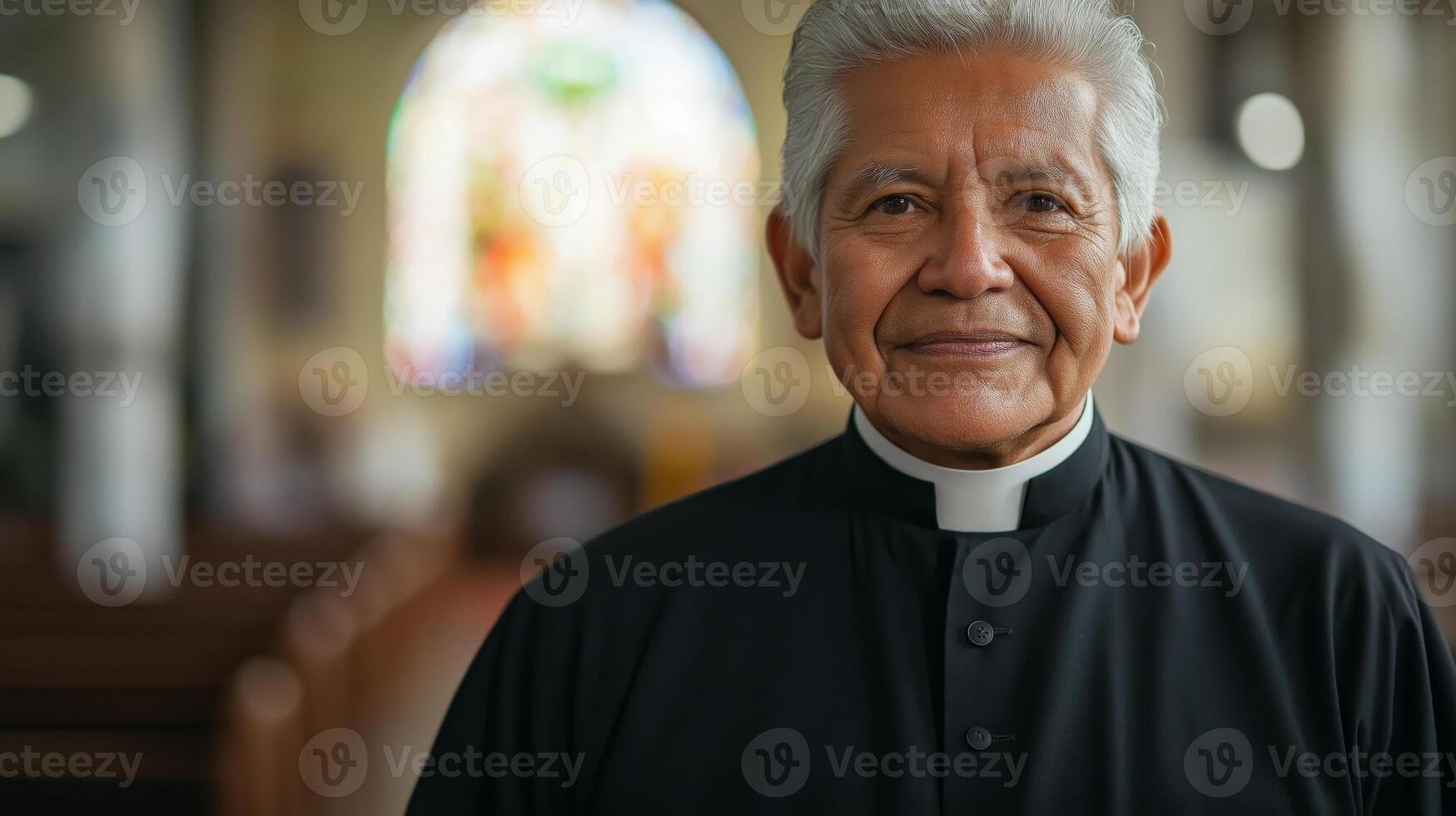 Elderly Hispanic Catholic Priest in Traditional Clerical Attire Inside Church for Religious Service and Worship photo