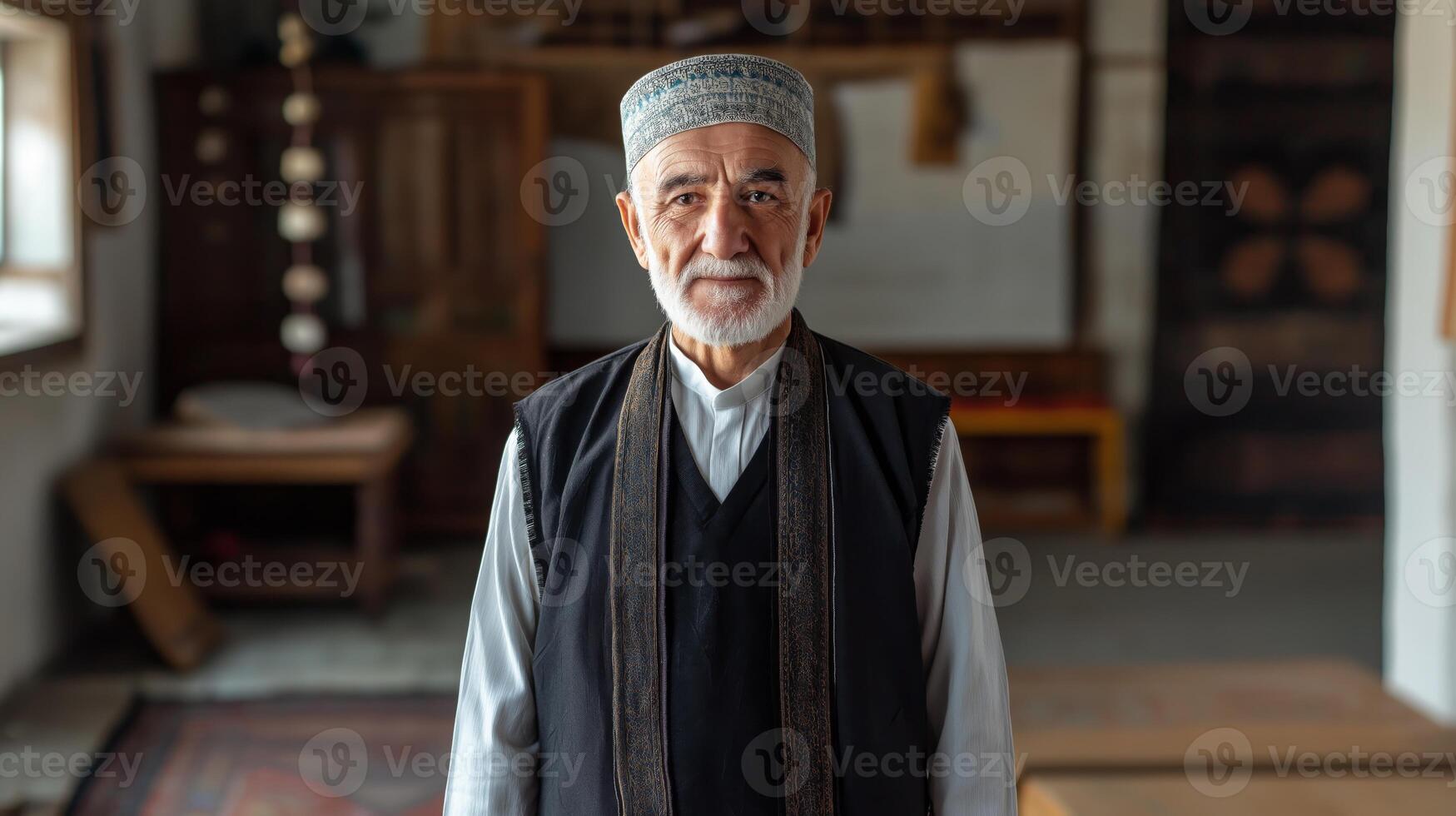 Portrait of MiddleAged Man in Traditional Bektashi Attire in Cultural Interior Setting photo