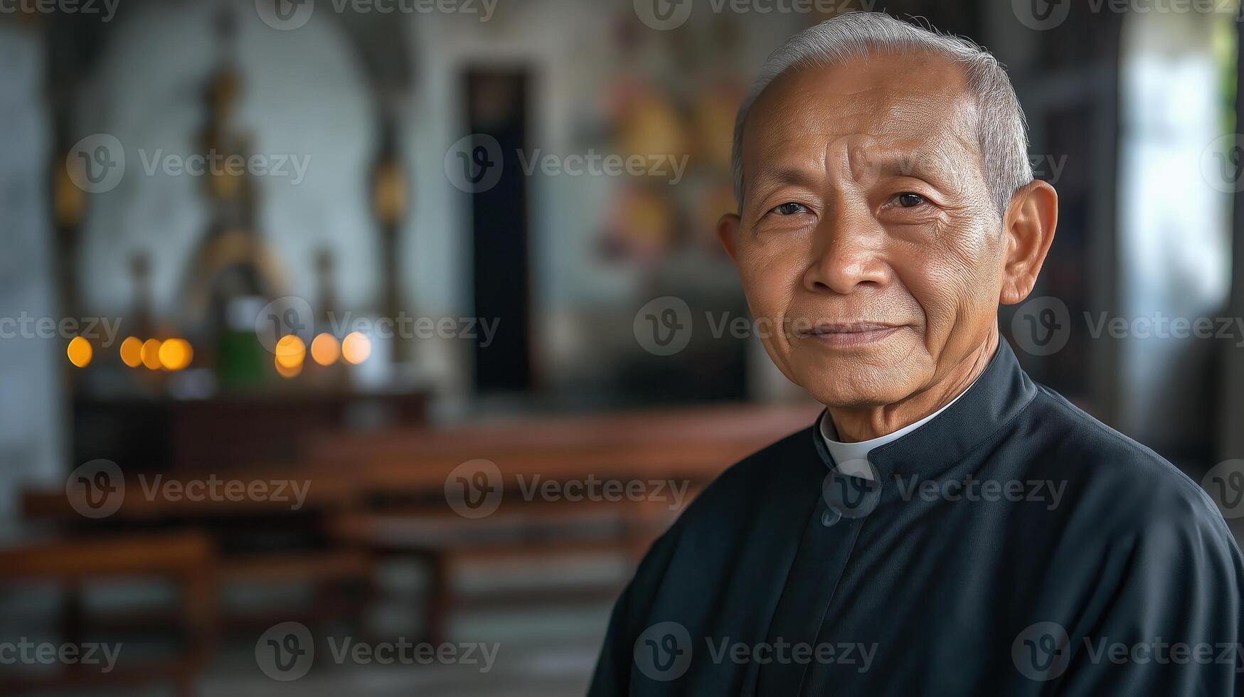 Elderly Filipino Male Priest Standing in Church, Representing Faith and Devotion, Ideal for Religious Publications photo