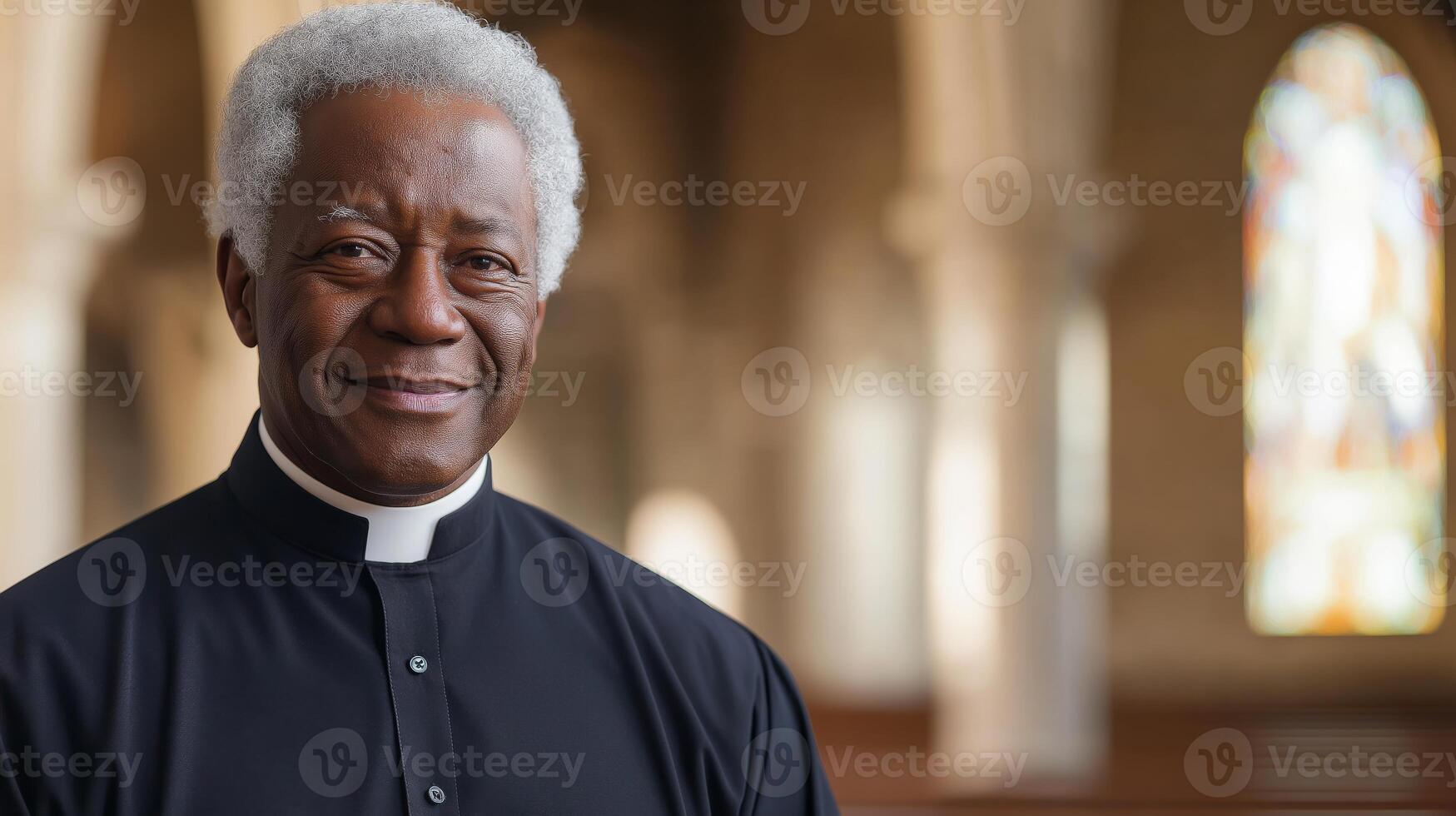 Elderly African American Priest in Traditional Clerical Attire in Beautiful Church Setting for Religious Stock Photography photo