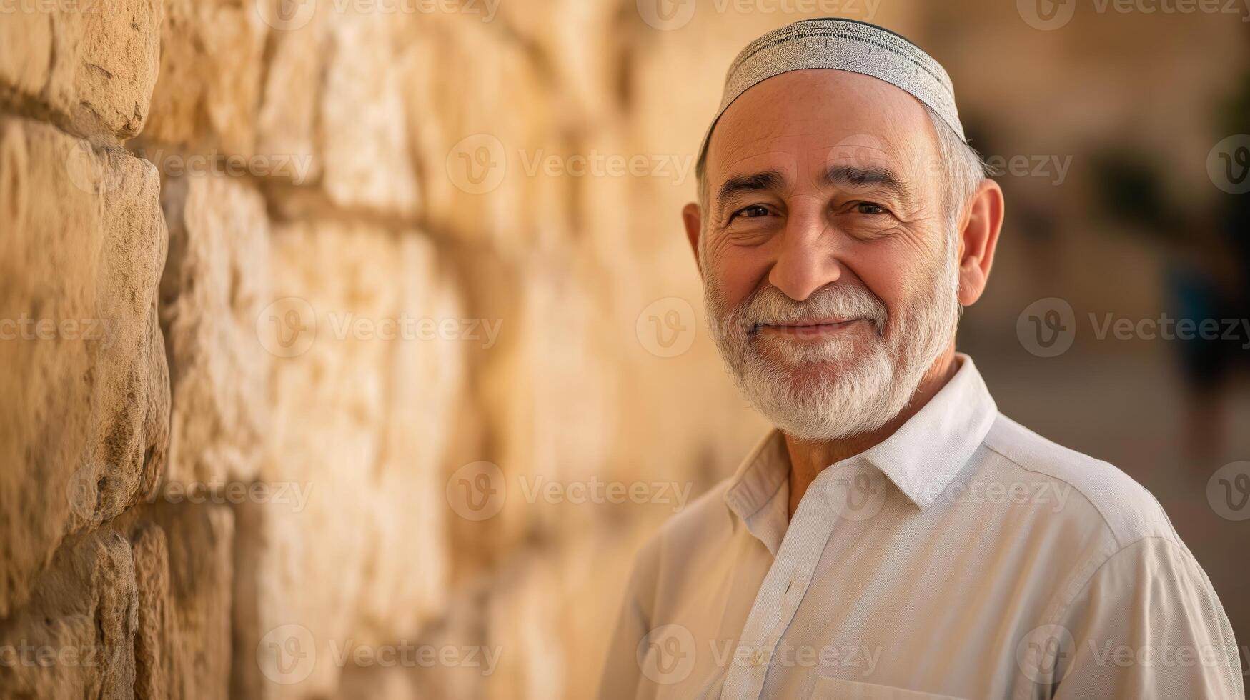 MiddleAged Man with Kippah Smiling in Front of Historic Stone Wall, Jerusalem, Suitable for Travel and Cultural Themes photo