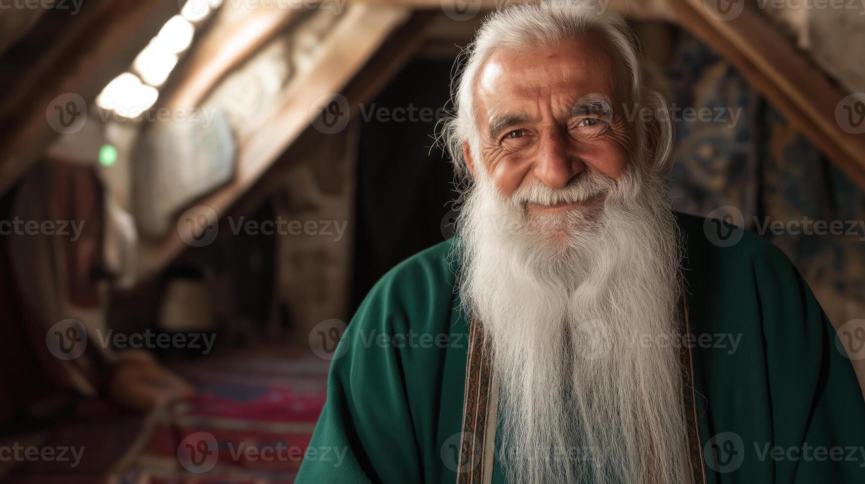 Bektashi Cleric with Long White Beard in Traditional Attire under Rustic Roof Structure photo
