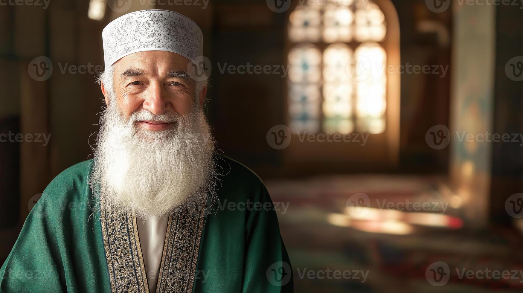 Elderly Bektashi Cleric with Long White Beard in Traditional Attire inside Historical Mosque photo