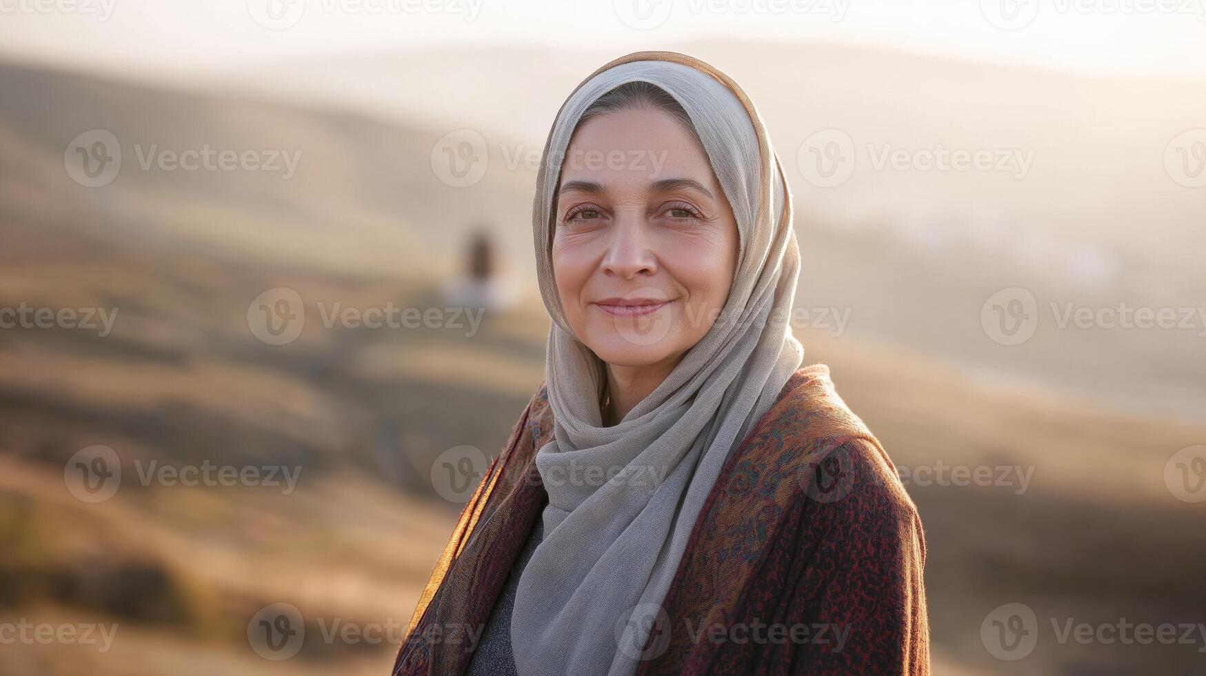 Elegant MiddleAged Woman in Traditional Headscarf Standing in Picturesque Hilly Landscape at Sunset photo