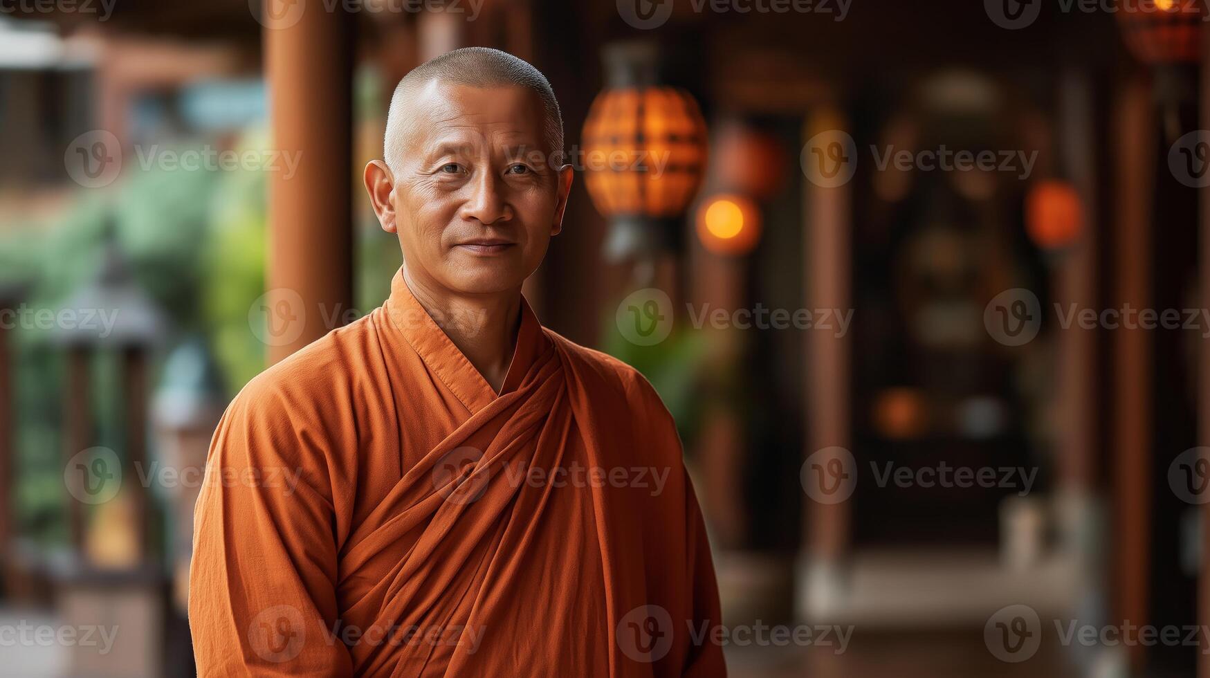 Revered Buddhist Monk in Traditional Orange Robe, Serene Temple Background, Spiritual Guidance photo