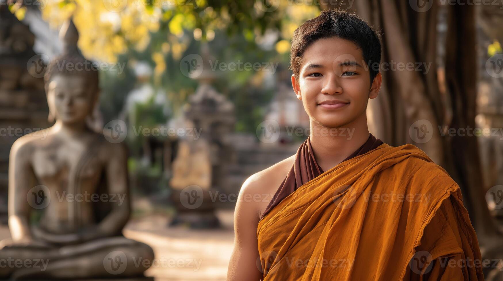 Young Male Mahayana Buddhist Monk Smiling in Traditional Robes at Ancient Temple Grounds for Cultural Diversity and Religious Harmony photo