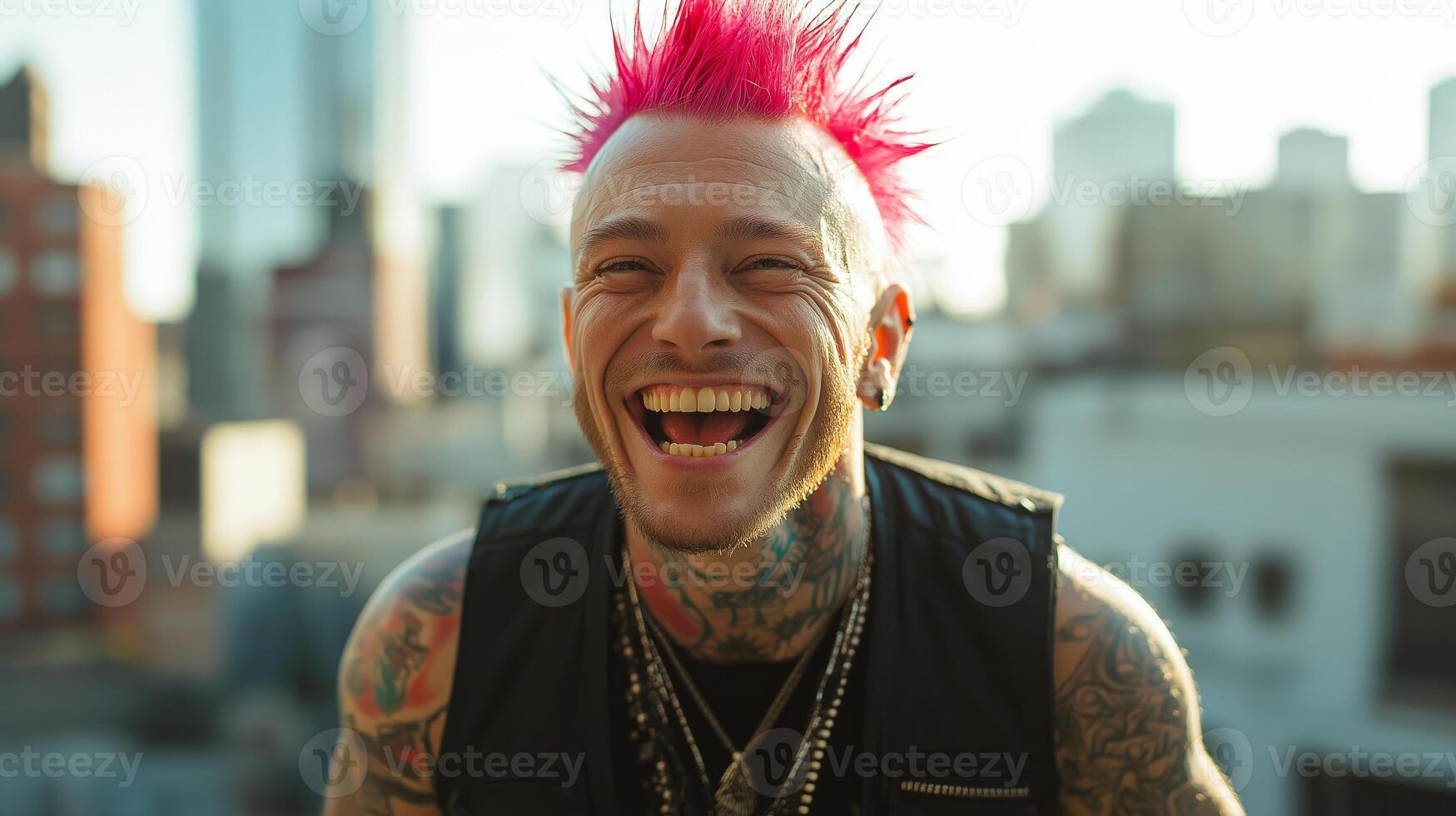 Portrait of Man with Bright Pink Spiked Hair and Tattoos Laughing in Urban Setting, City Skyline Background, Concept of Modern Diversity and Expression photo