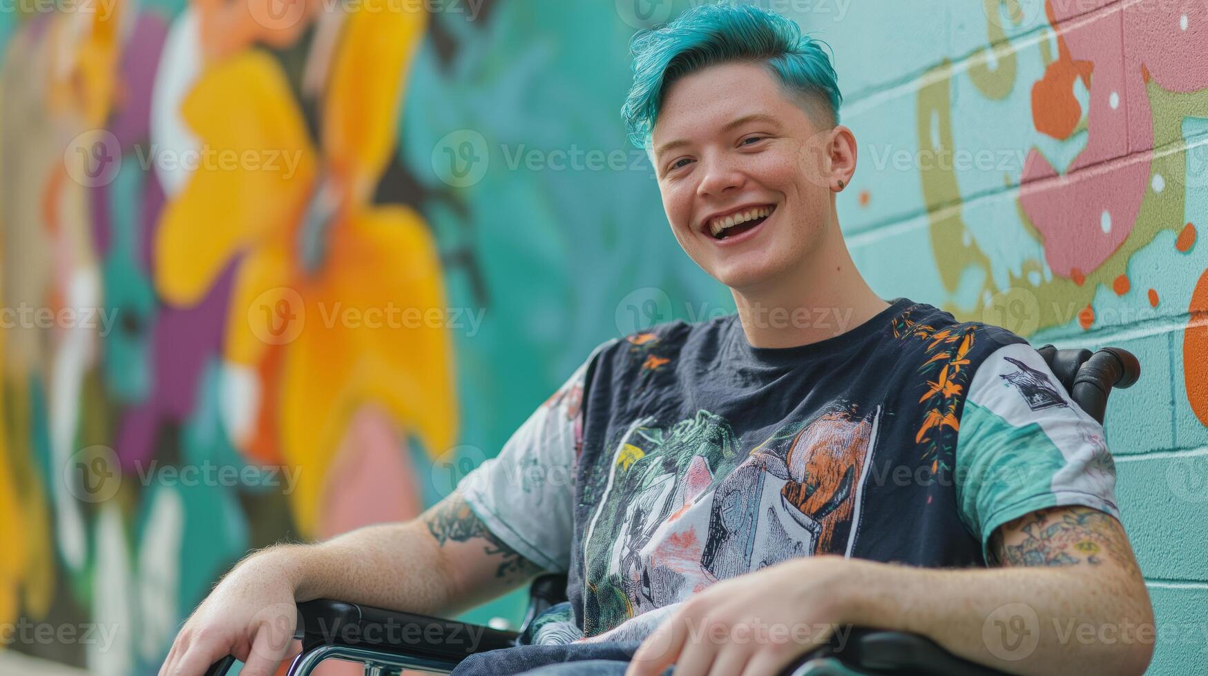 Young Man with Bright Blue Hair Smiling While Seated Against a Colorful Mural Background photo