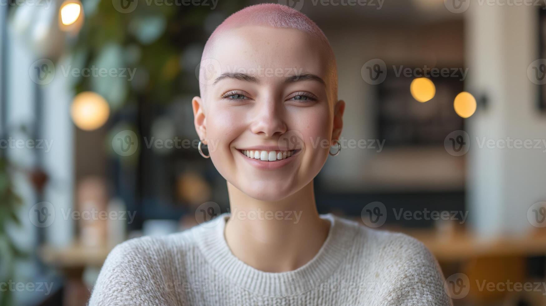 Happy Smiling NonBinary Person with Pink Buzz Cut, Casual Sweater, Indoor Setting, Soft Lighting, Contemporary Cafe, Diverse Representation photo