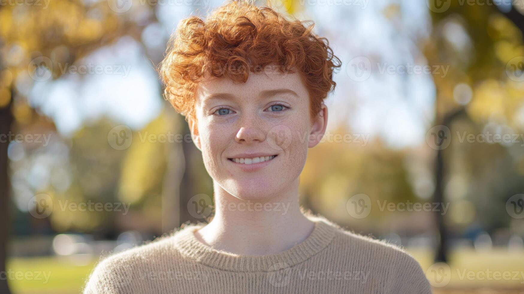 Autumn Outdoor Portrait of Smiling NonBinary Person with Short Curly Red Hair and Freckles, Perfect for Diversity and Inclusion Imagery photo