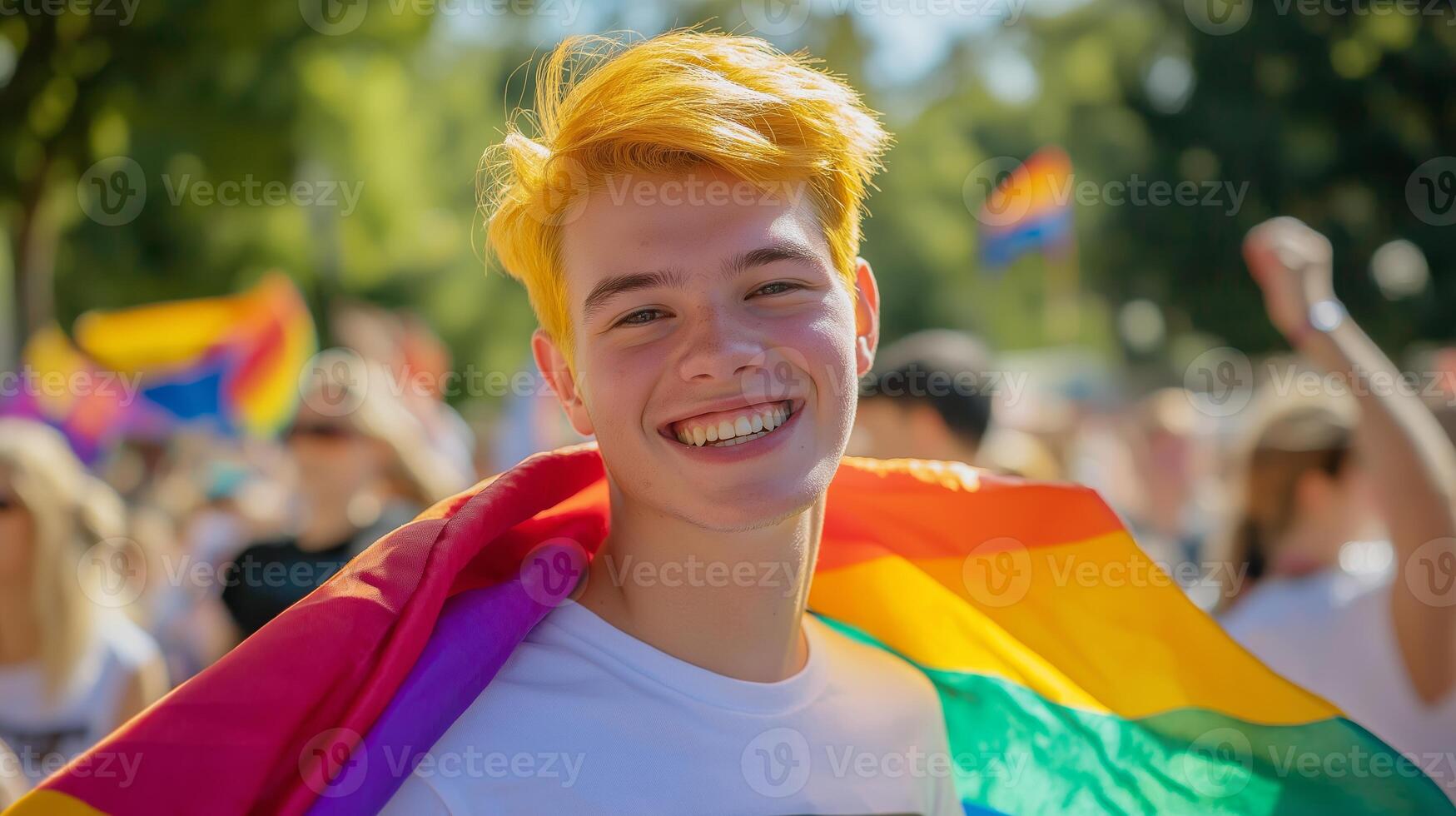 Cheerful Young Man with Bold Yellow Hair Celebrates at Pride Parade, LGBTQ Representation, Diversity and Joy photo