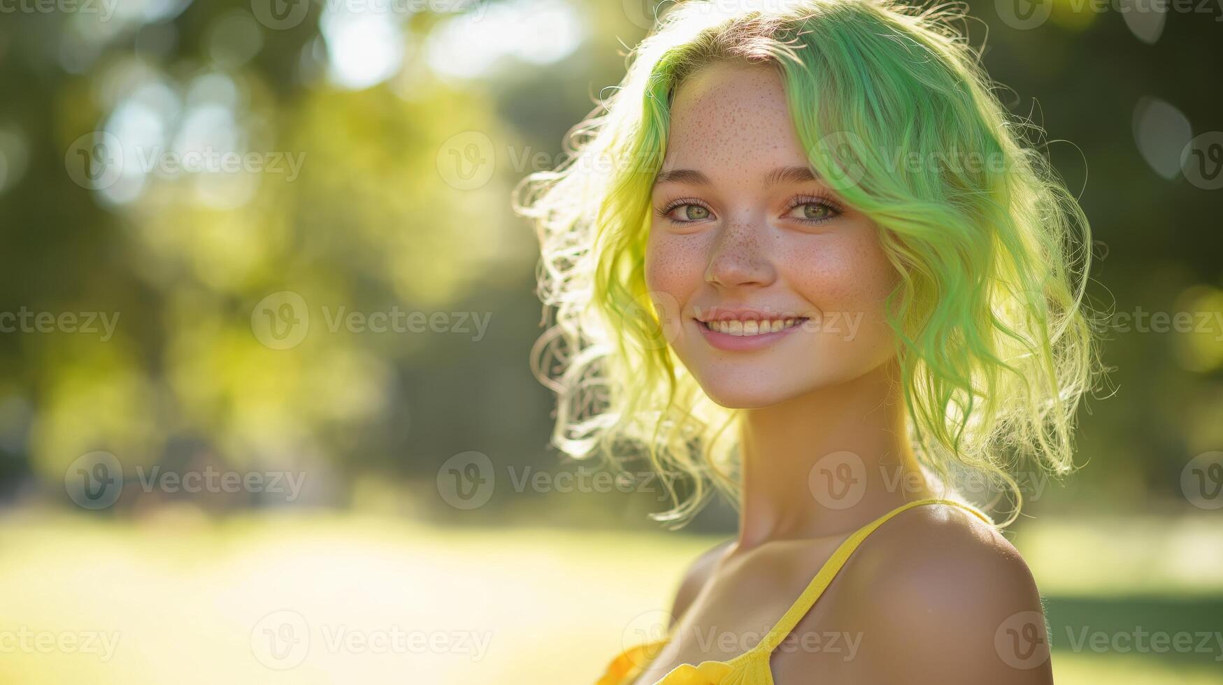 Young Woman with Neon Green Hair Smiling Outdoors During Sunny Day, Highlighting Modern Hairstyles and Natural Beauty photo