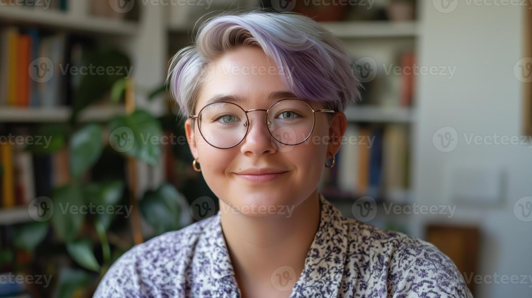 Non Binary Individual with Lavender Hair and Glasses, Smiling at Home with Books in Background photo