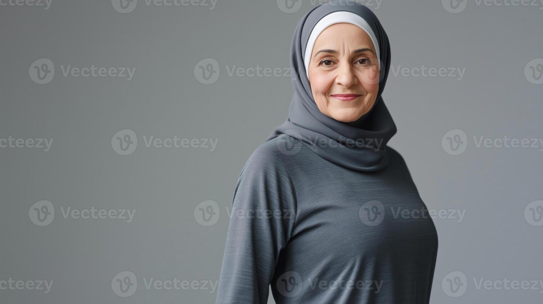 Elegant Elderly Arab Woman Smiling Kindly in Grey Hijab Against Gray Background for Portrait, Cultural Diversity Stock Photo
