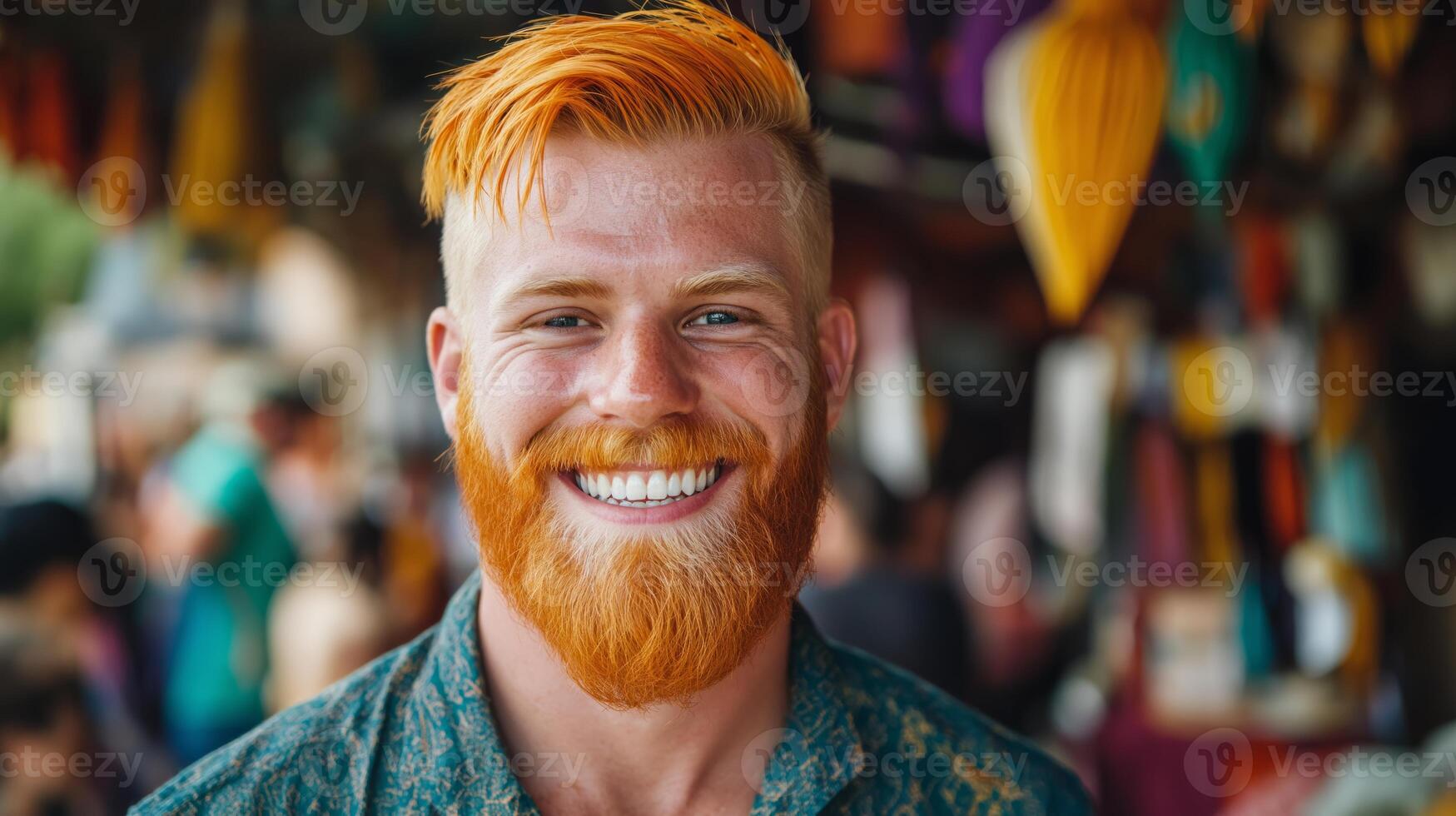 Vibrant Portrait of a Smiling Man with Bright Orange Hair and Beard at a Colorful Market Background photo