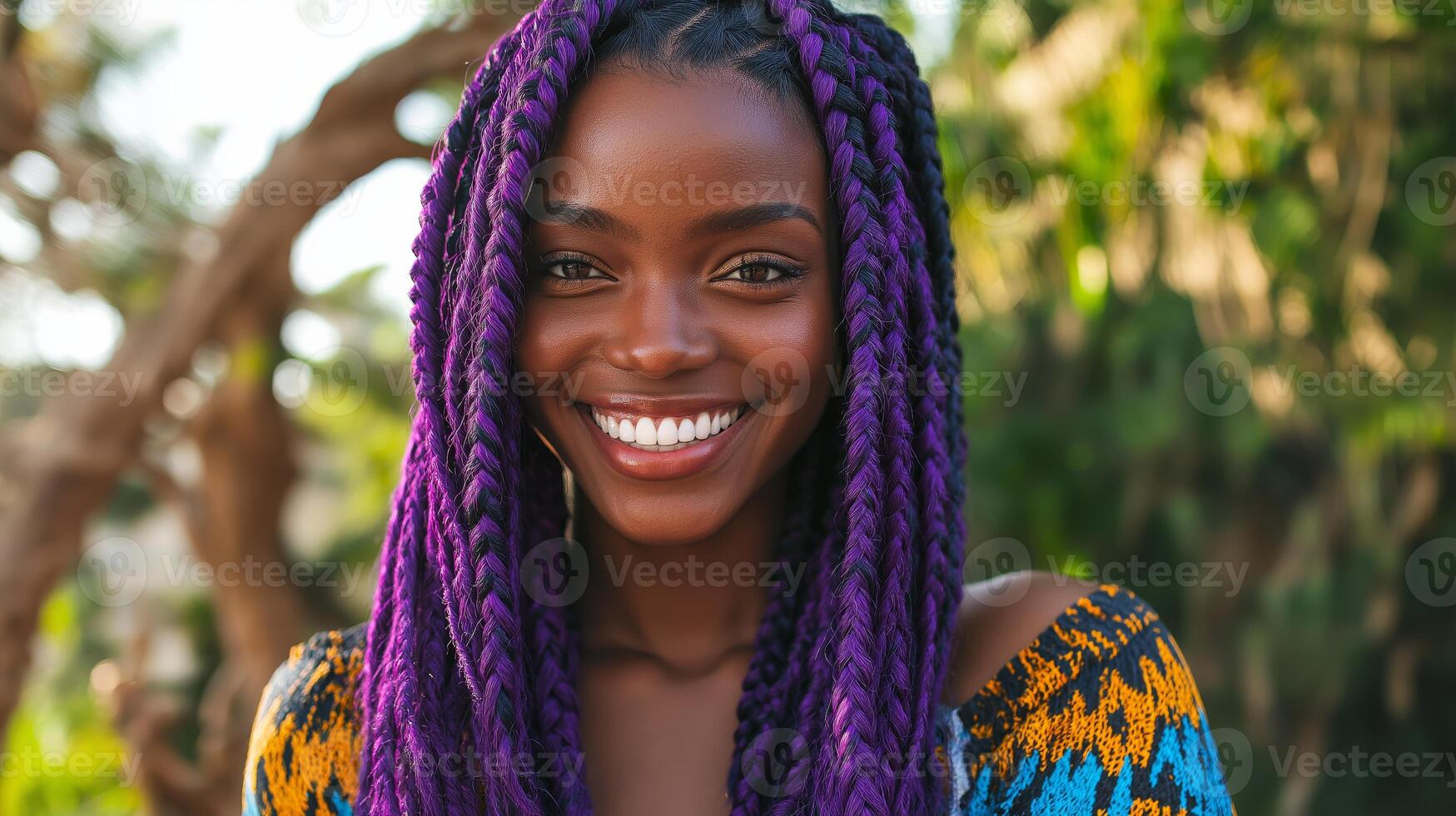 Vibrant Purple Box Braids on Smiling Woman, Outdoor Portrait Diversity and Beauty in Natural Setting photo
