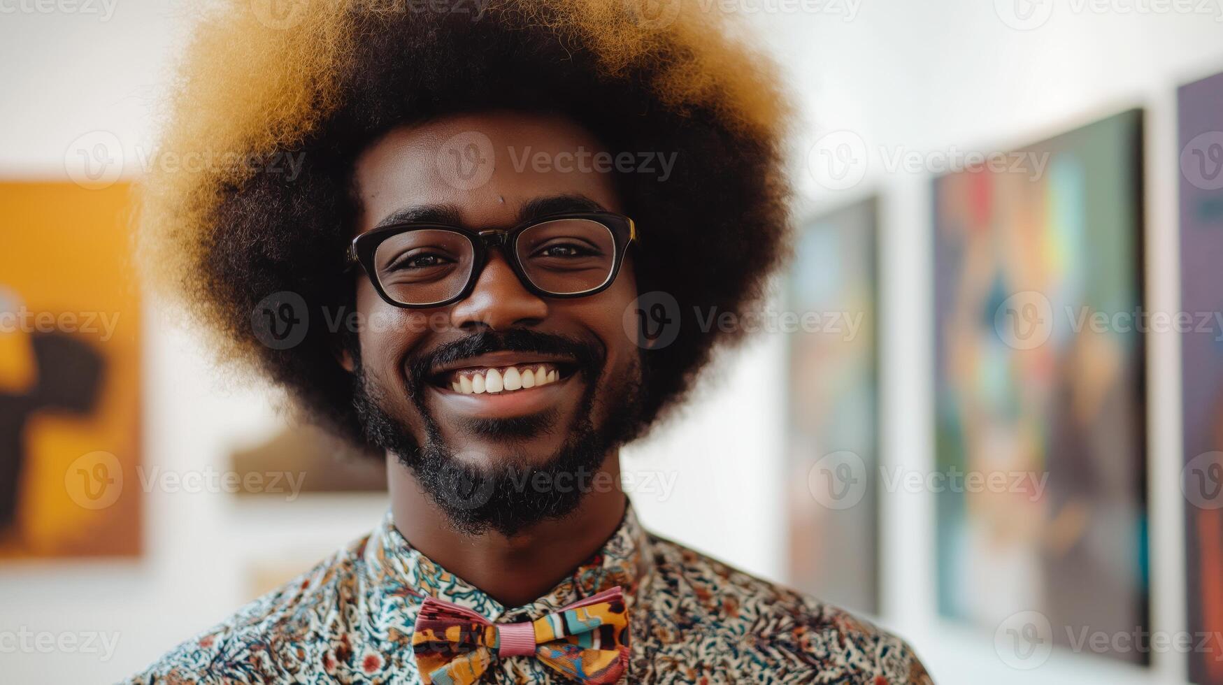 Smiling Man with Fluffy Afro Hair and Glasses, Wearing Colorful Bowtie, Standing in Art Gallery photo