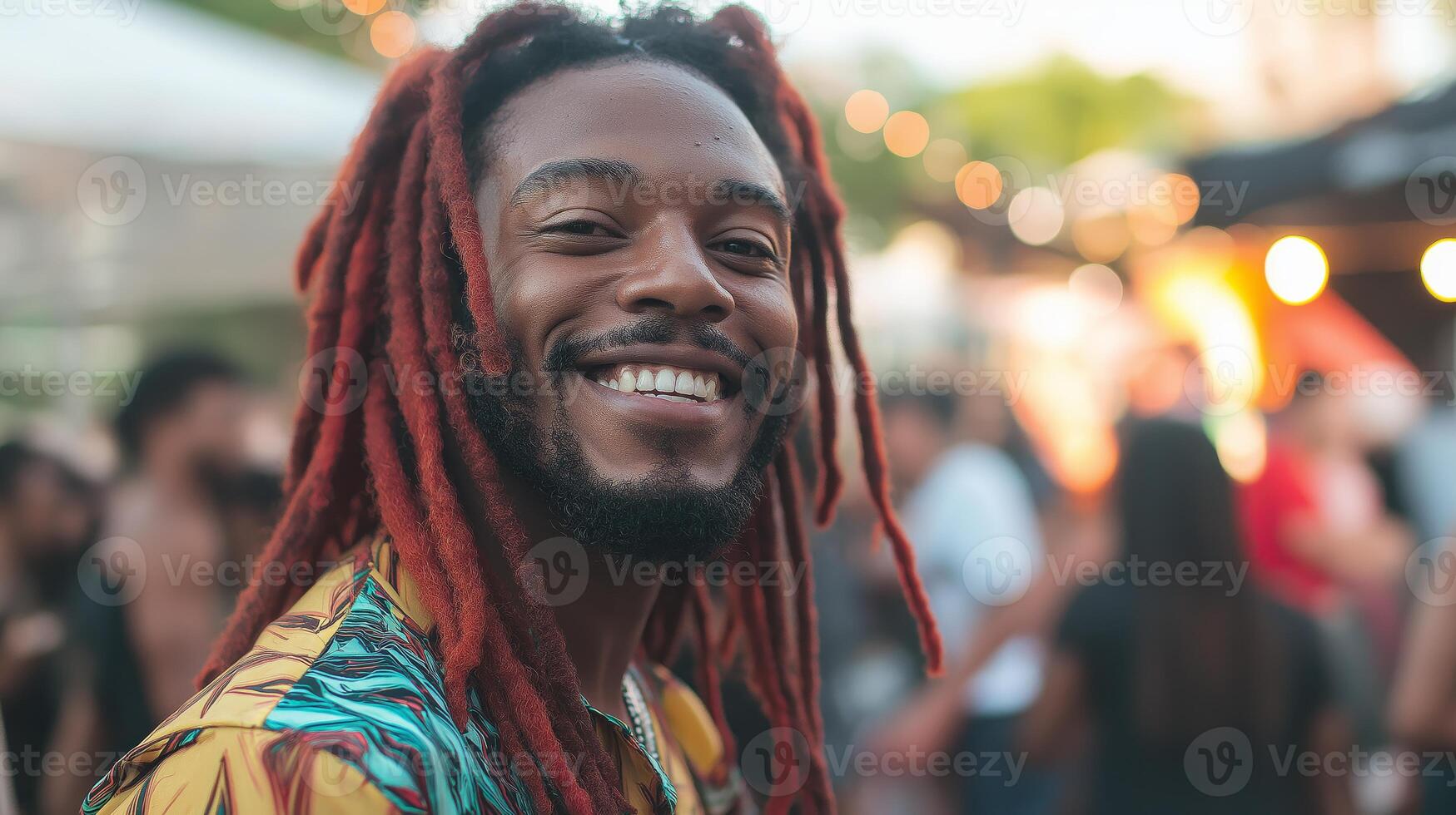 Joyful Man with Bright Red Dreadlocks Smiling at Outdoor Festival for Summer Stock Photography photo