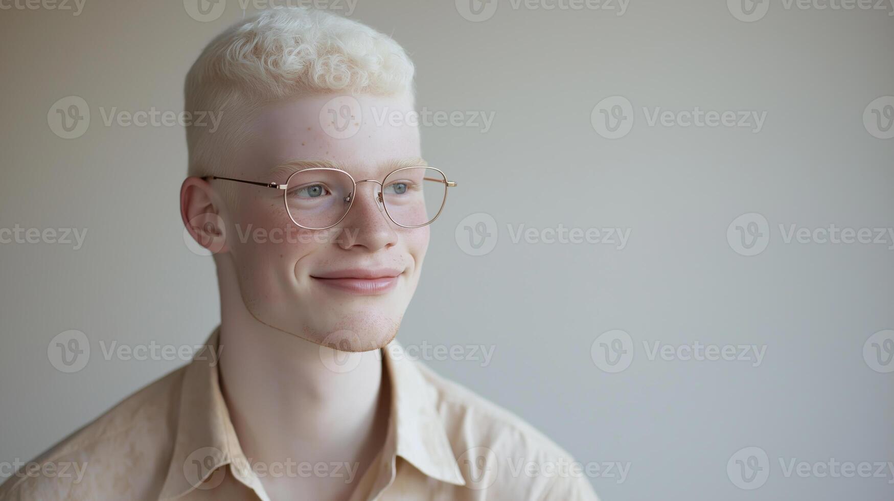 Portrait of a Young Man with Albinism and Glasses, Showcasing Natural Beauty and Diversity, Ideal for Social Awareness Campaigns, Websites, and Inclusivity Projects photo