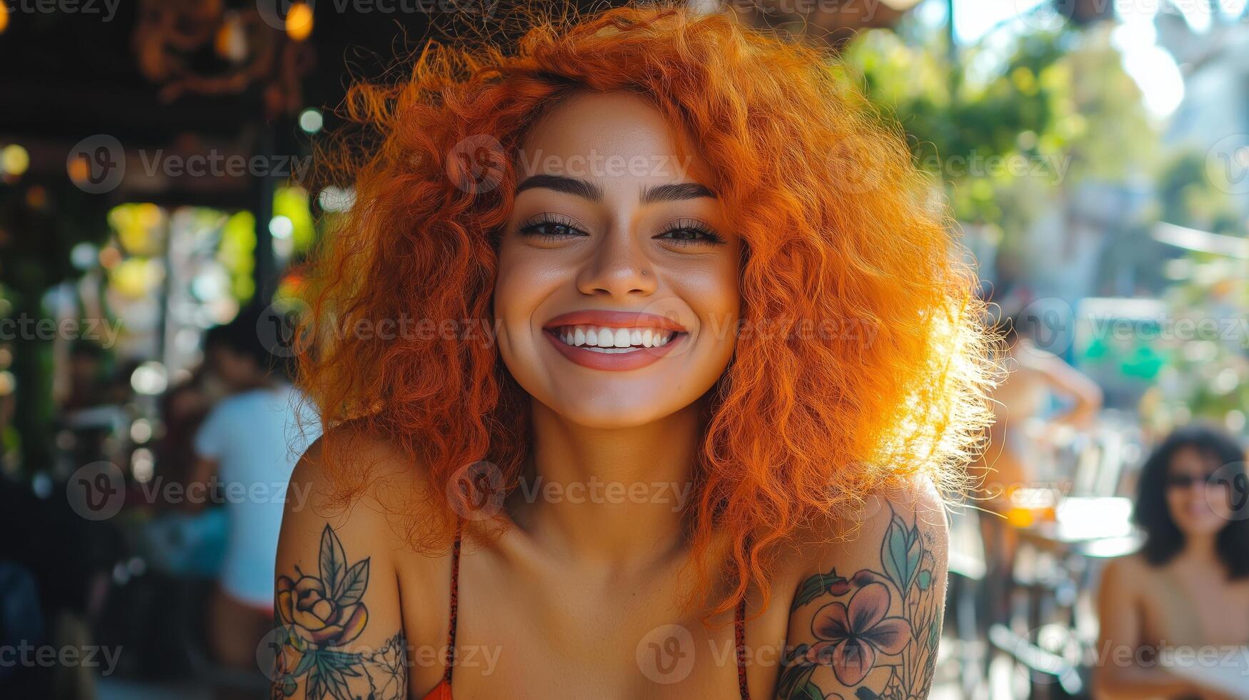 Joyful Woman with Vibrant Orange Curls Smiling Outdoors Diversity in Beauty Ideal for Print, Card, Poster photo
