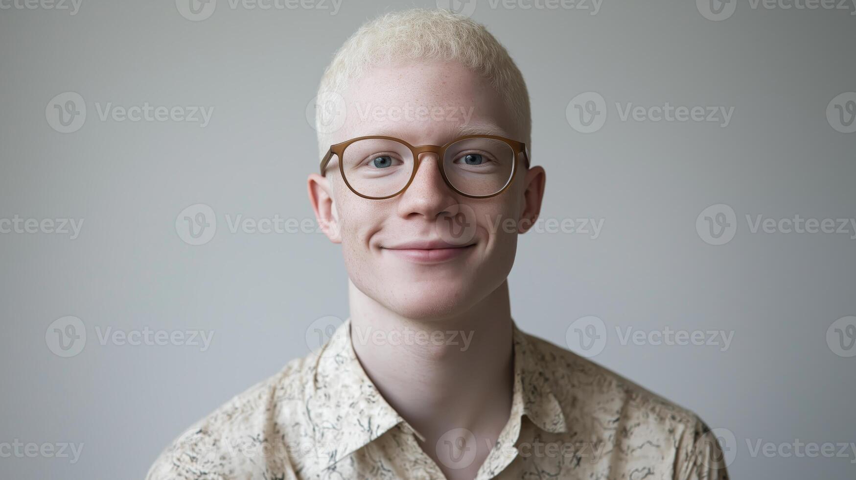 Portrait of a Young Man with Albinism and Thin Framed Glasses, Ideal for Profiles, Articles, or Awareness Campaigns photo