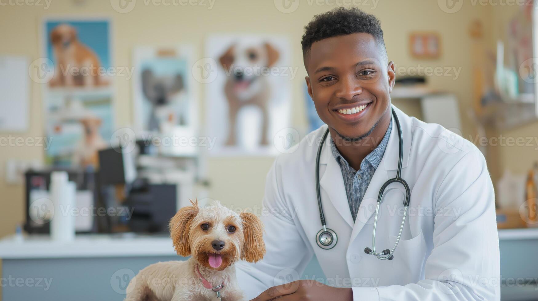 Smiling African American Veterinarian with Small Dog in Clinic for Design, Print, Card, Poster, Stock Photography photo