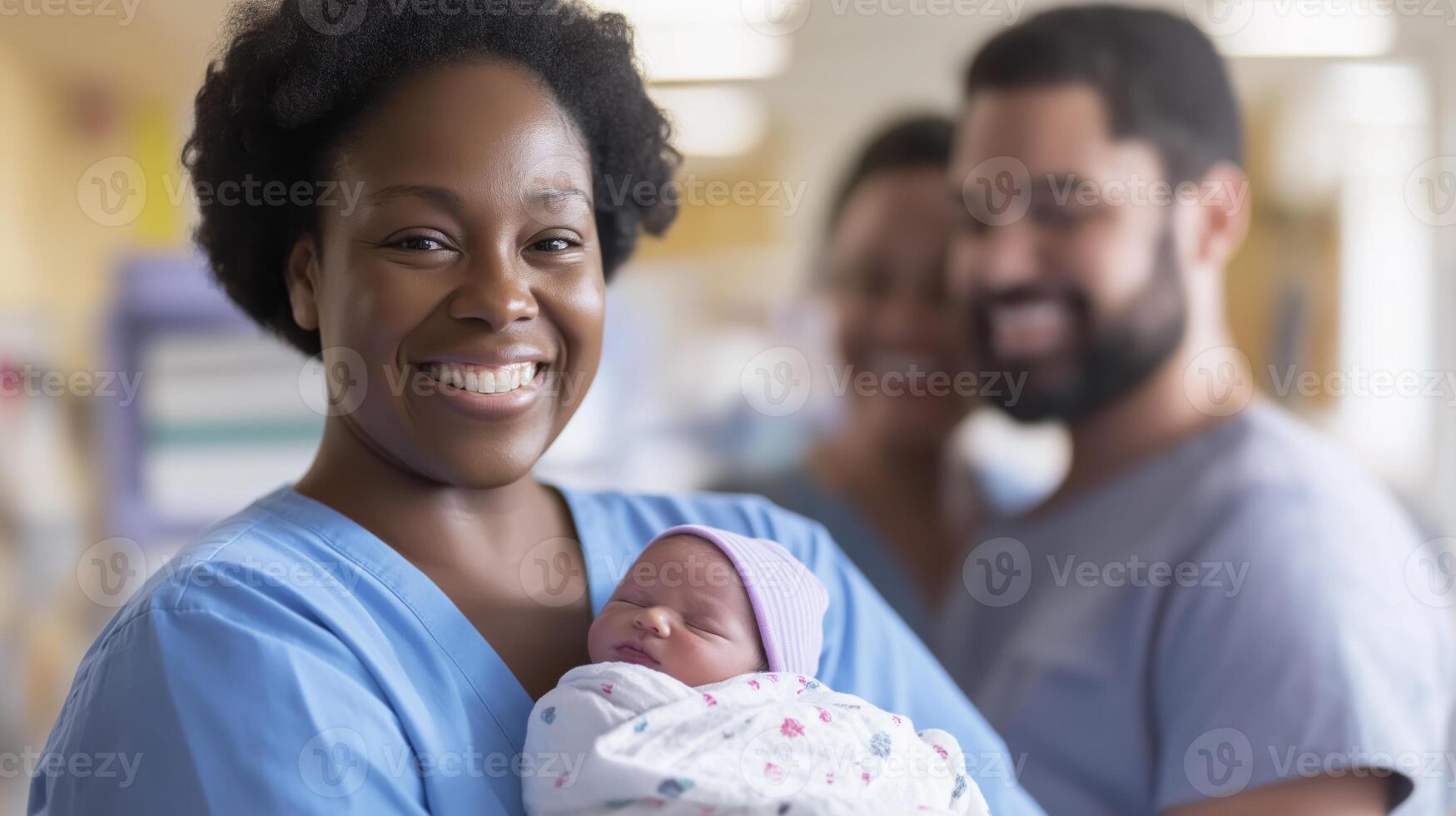 Diverse Healthcare Team Celebrating Birth of Newborn Baby in Hospital Setting Medical Staff, New Parents, Joyful Moments photo