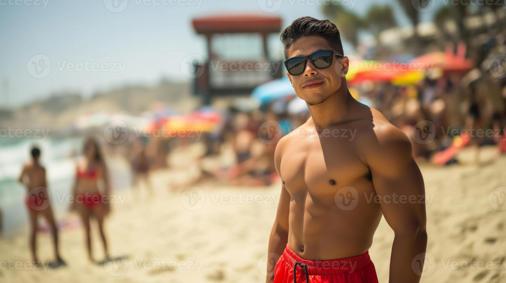 Young Latino Man in Sunglasses on Beach, Muscular Build, Red Swim Shorts, Summer Vacation, Holiday, Model Diversity photo