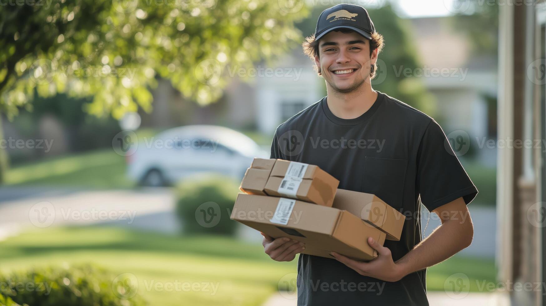 Young Man Delivering Packages Outdoors, Smiling Courrier Holding Cardboard Boxes in Driveway photo
