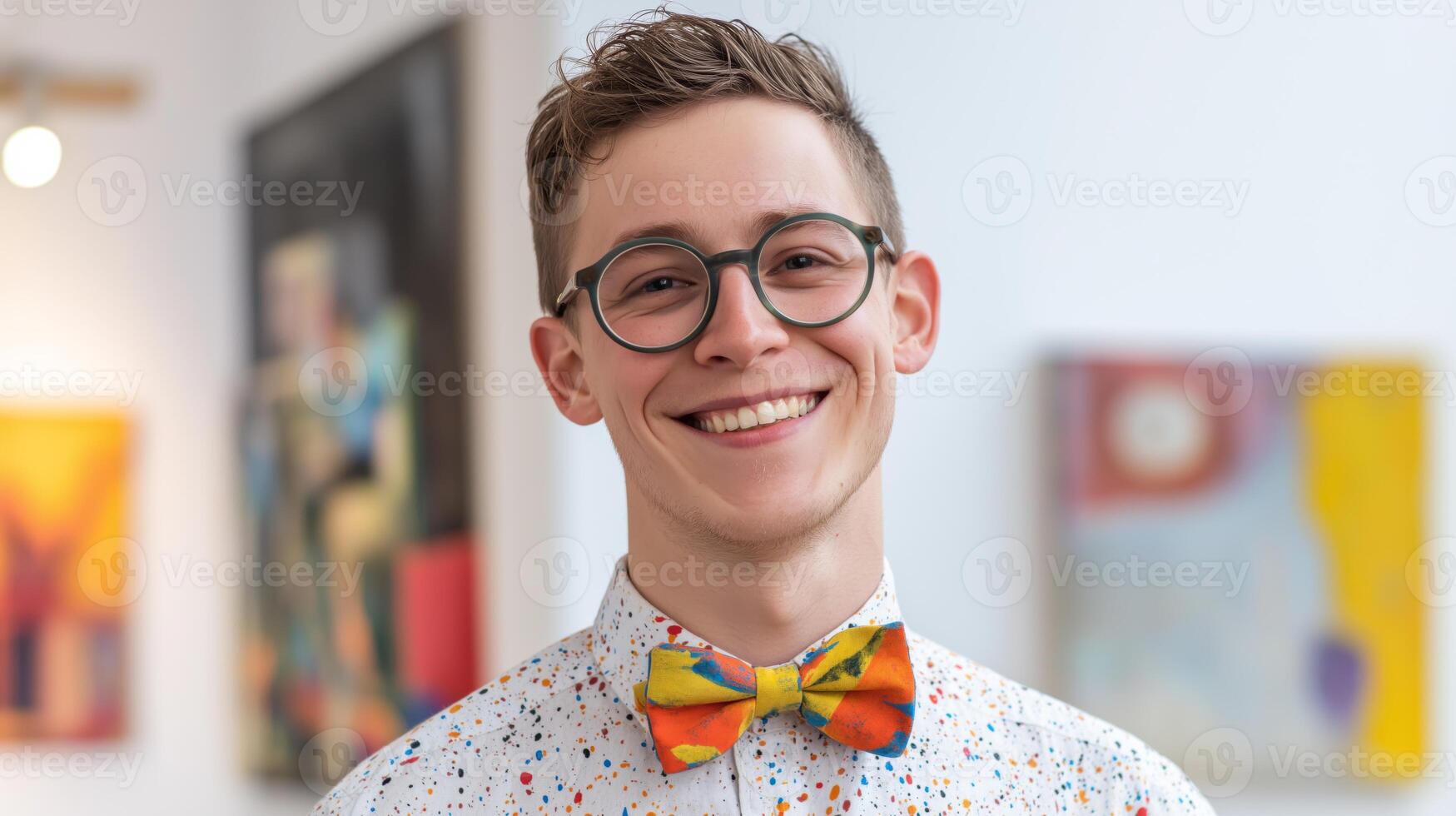 Contemporary Art Gallery Visitor with Colorful Bowtie and Glasses Abstract Artwork in Background Design for Print, Card, Poster photo
