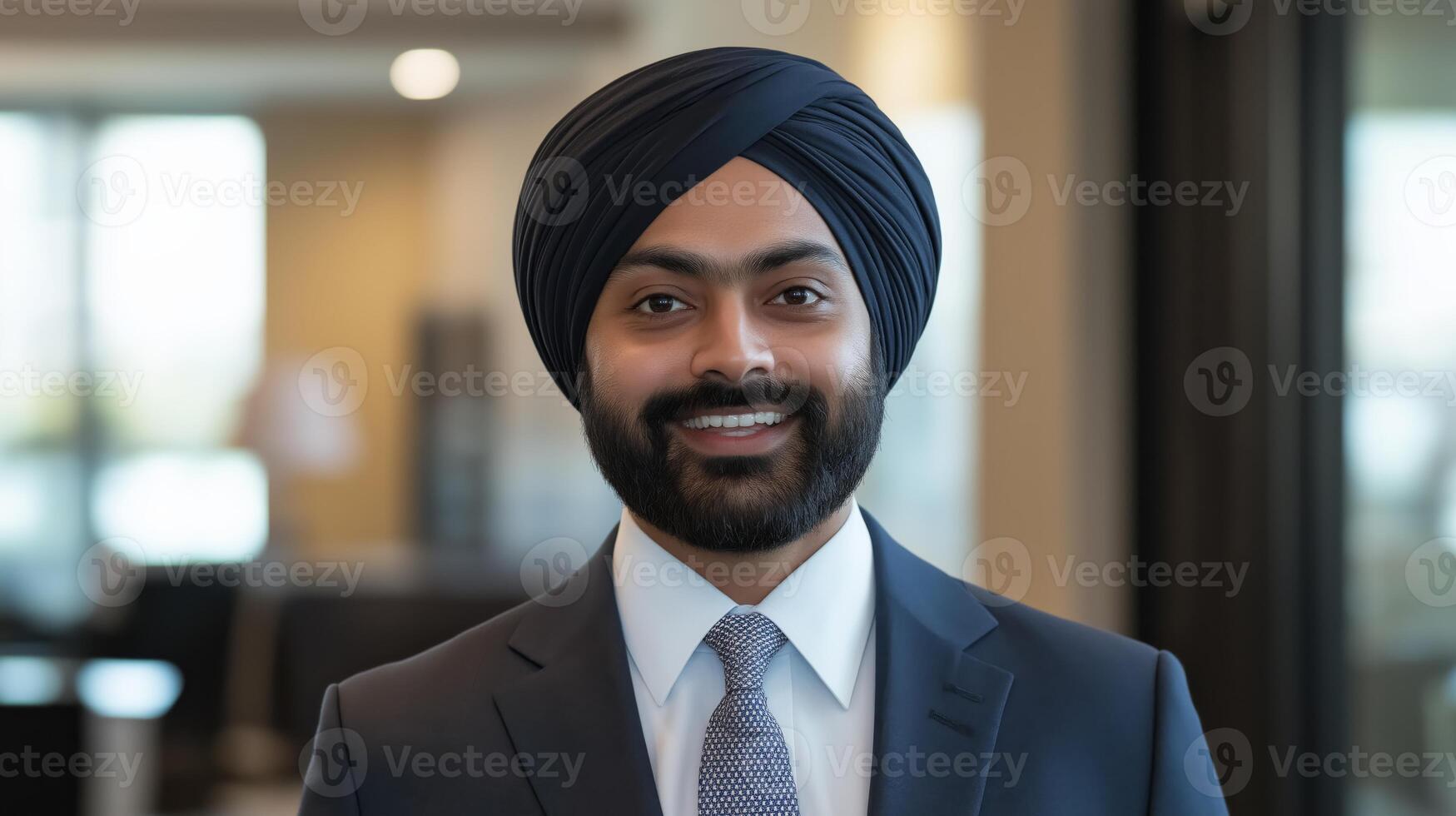 Professional South Asian Man with Navy Turban and Beard Smiling in Office Setting, Business Portrait photo