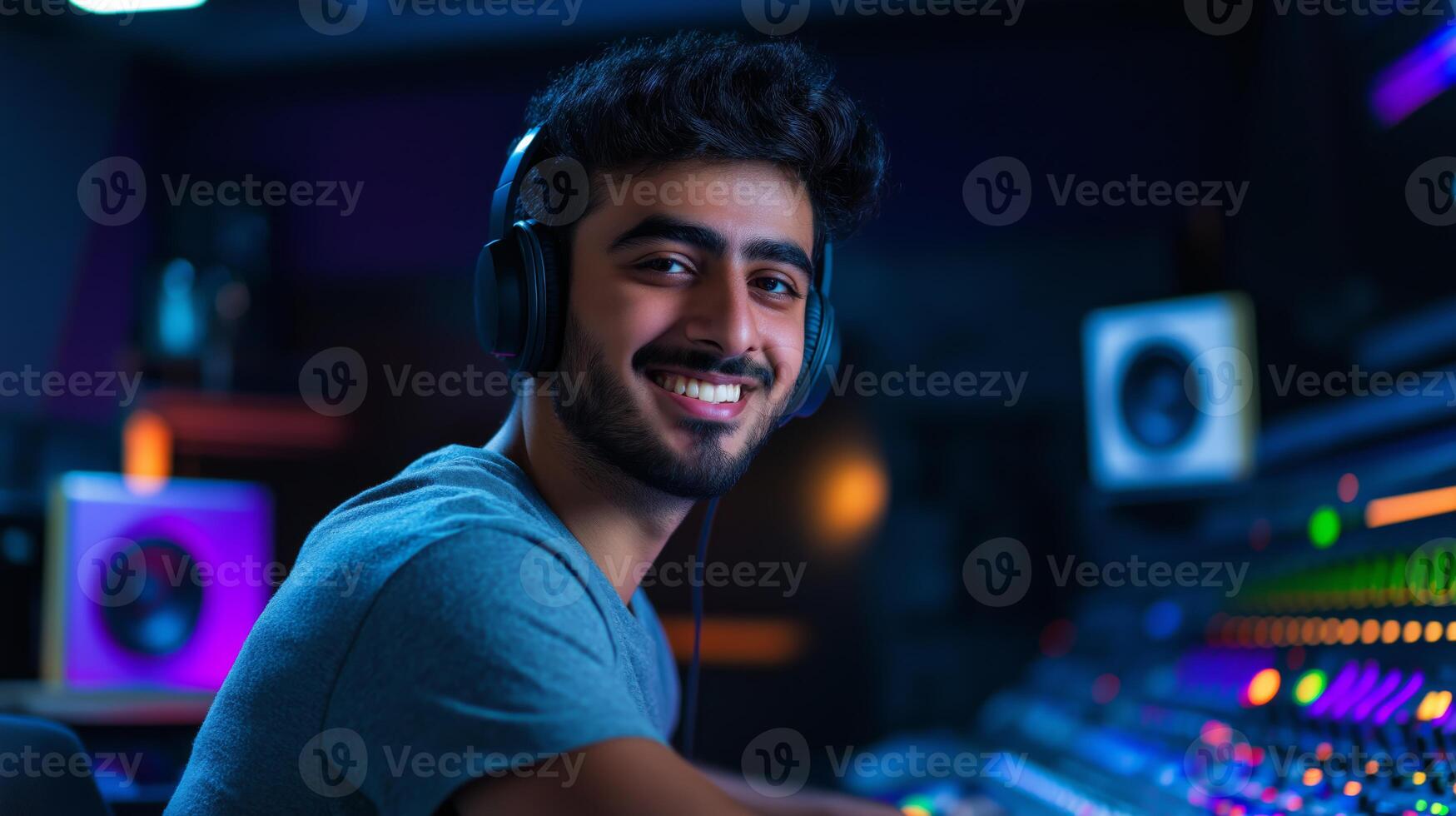 Young Middle Eastern Man with Headphones in Modern Recording Studio, Concept of Music Production and Creativity for Professional Use in Media and Design photo