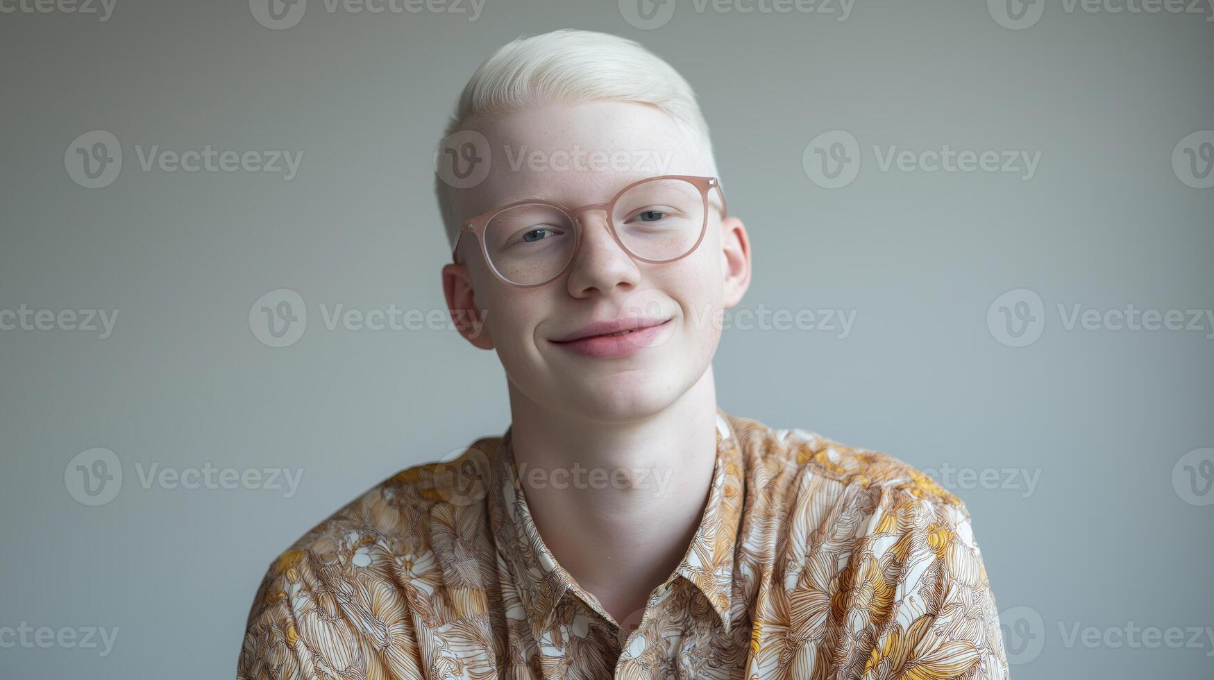 Portrait of a Young Man with Albinism Wearing Thin Framed Glasses, Ideal for Diversity and Professional Stock Images photo