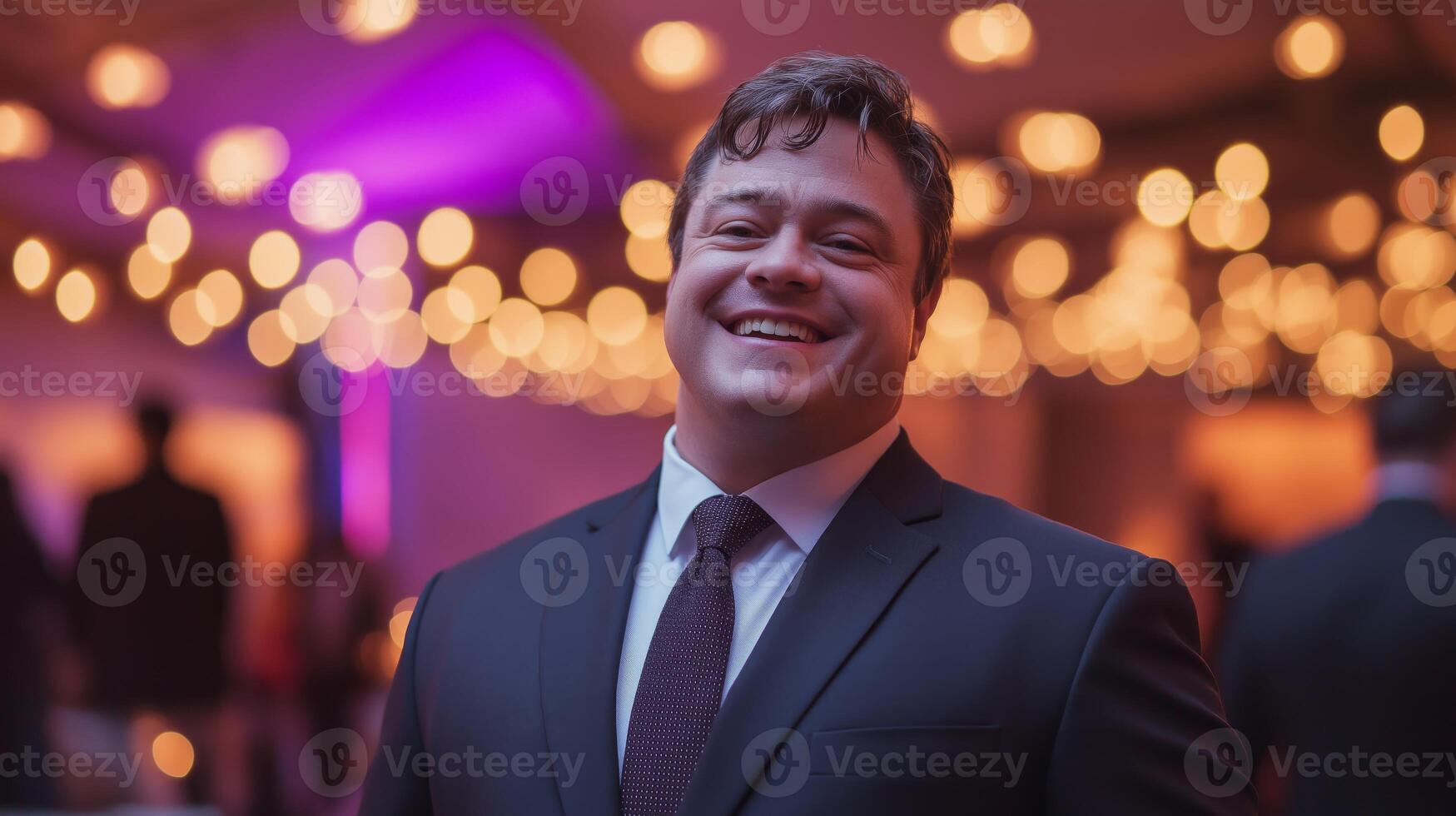 Elegant Winter Gala, Middle Aged Man With Down Syndrome at Festive Event, Modern Lighting. Inclusive Celebration photo