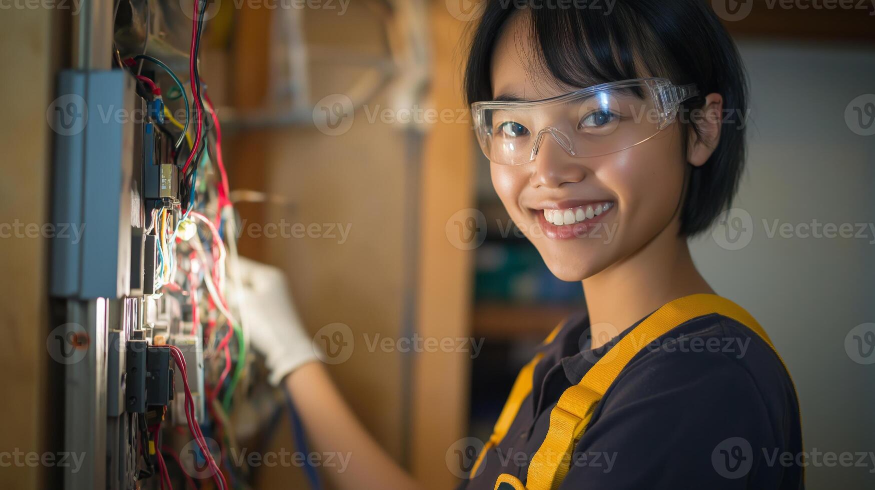 Smiling Asian Female Engineer Working with Electrical Wiring, Safety Gear, and Circuit Boards for Technical Projects photo