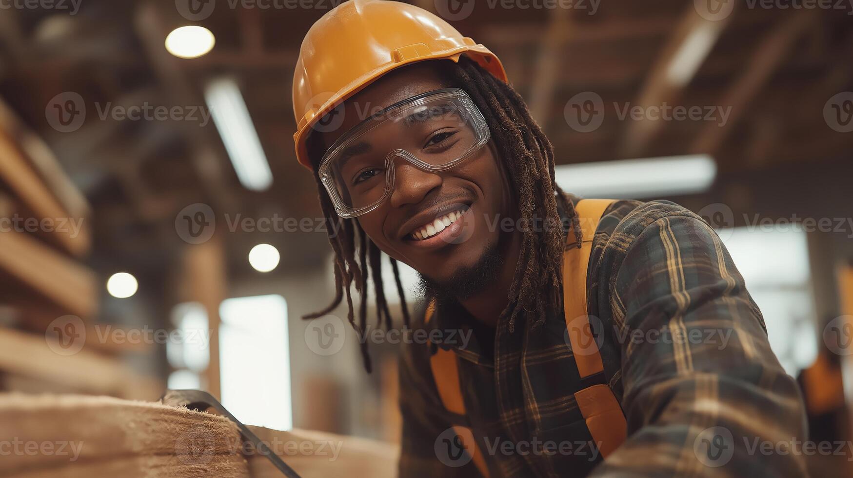 Skilled African American Worker in Hard Hat and Safety Goggles Operating in an Industrial Workshop, Highlighting Safety and Craftsmanship photo
